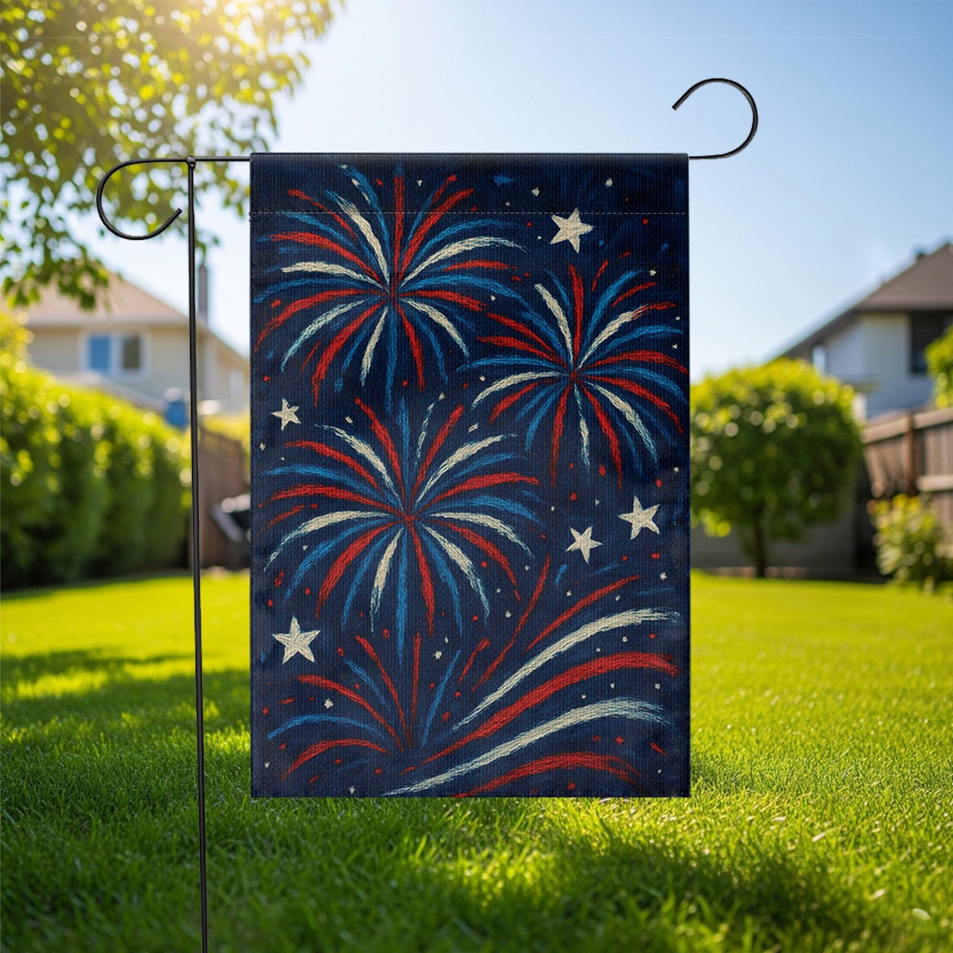 Patriotic Fireworks Garden Flag, Red White Blue Outdoor Decor, 4th of July Yard Banner, Summer Celebration Flag