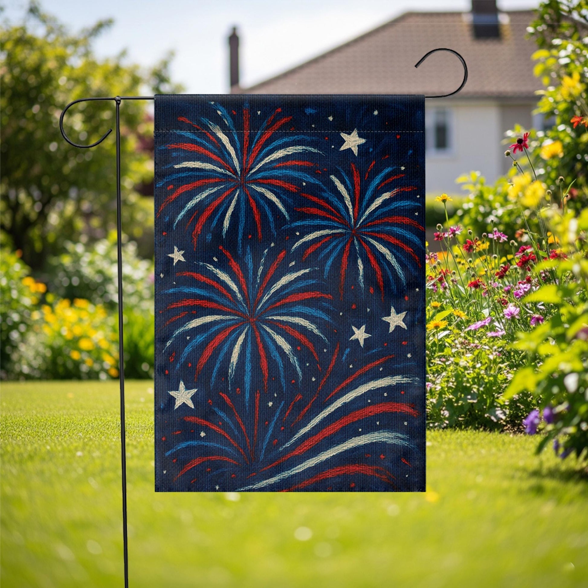 Patriotic Fireworks Garden Flag, Red White Blue Outdoor Decor, 4th of July Yard Banner, Summer Celebration Flag