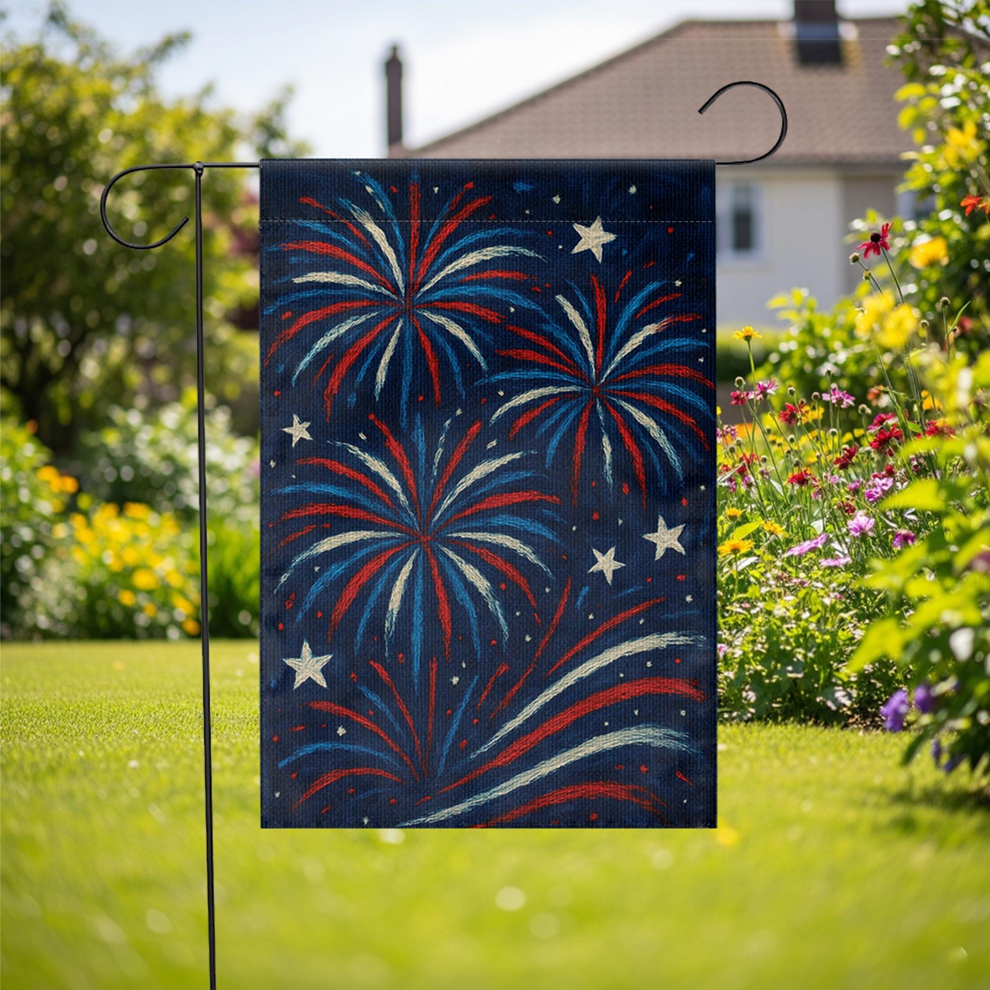 Patriotic Fireworks Garden Flag, Red White Blue Outdoor Decor, 4th of July Yard Banner, Summer Celebration Flag