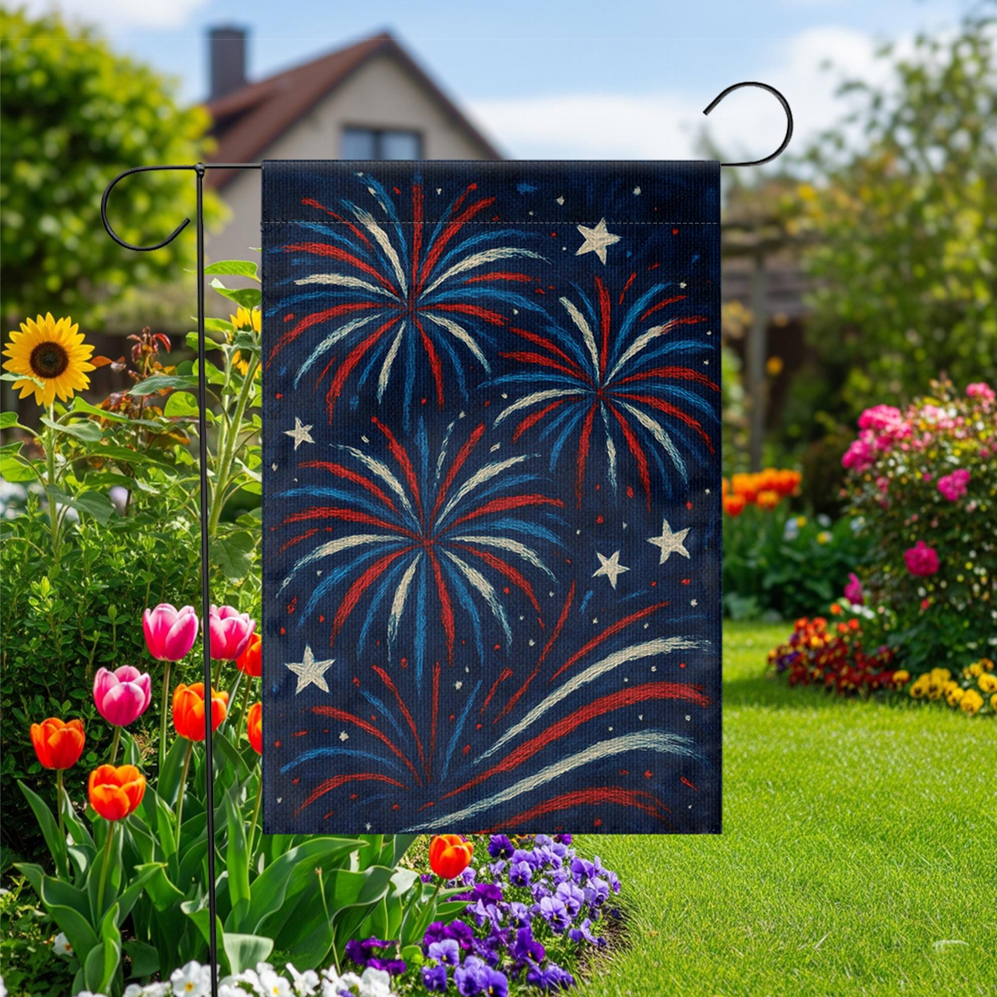 Patriotic Fireworks Garden Flag, Red White Blue Outdoor Decor, 4th of July Yard Banner, Summer Celebration Flag