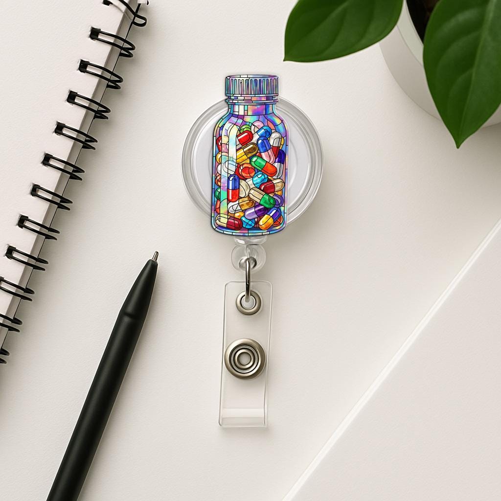 Pill Bottle Faux Hologram Badge Reel, Cute Pharmacy ID Holder, Retractable Nurse Badge, Tech Lanyard Accessory, Med Student Gift Idea