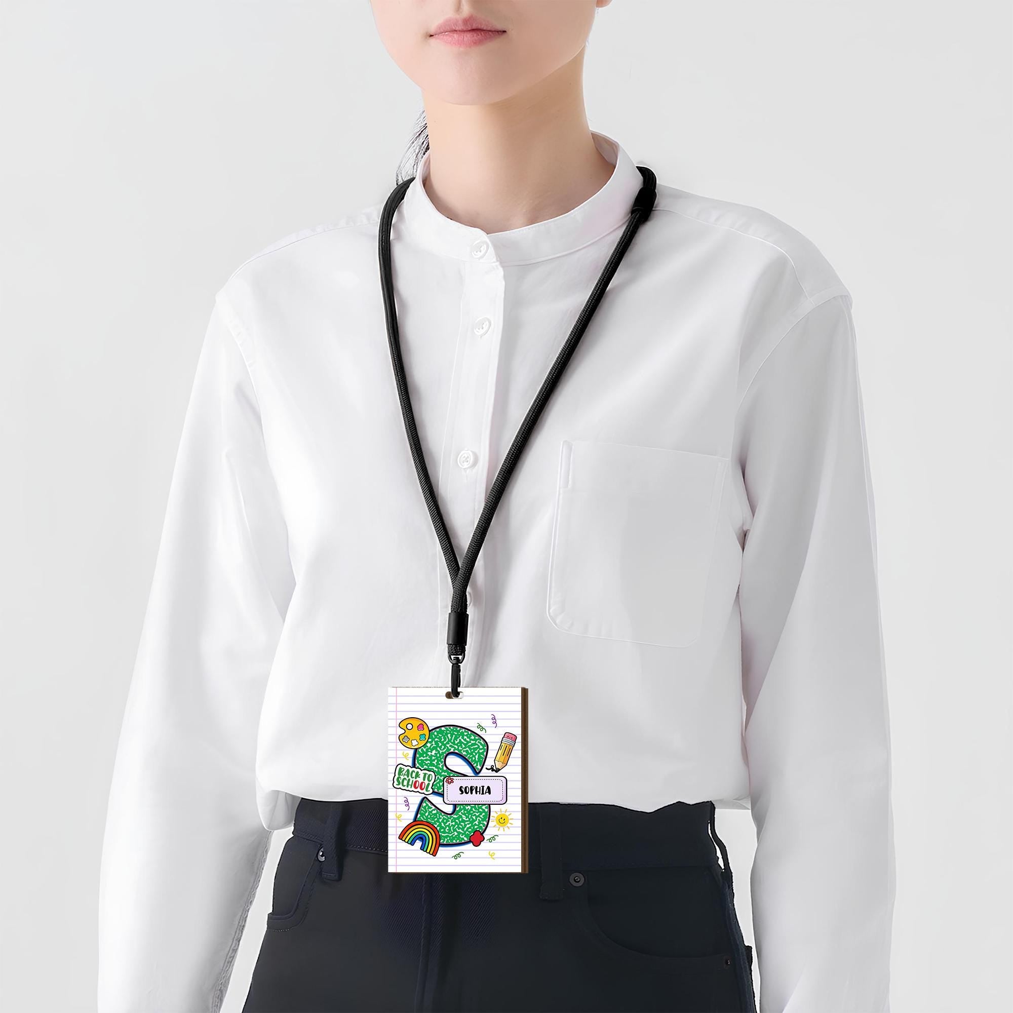 Personalized Back to School Lanyard ID Badge – Green Composition Letter Design with Name, Cute Teacher or Student Name Tag, Educators Gift