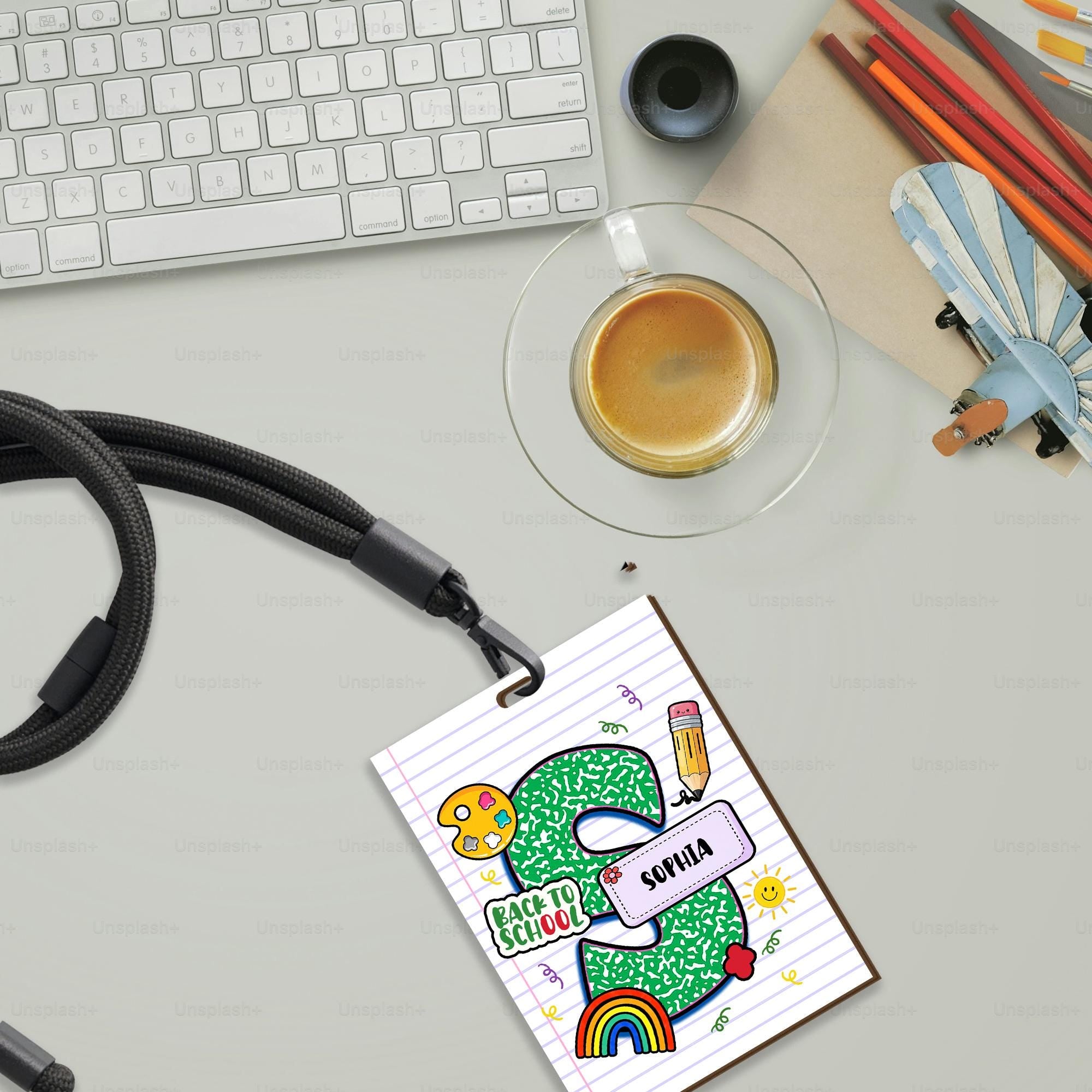 Personalized Back to School Lanyard ID Badge – Green Composition Letter Design with Name, Cute Teacher or Student Name Tag, Educators Gift
