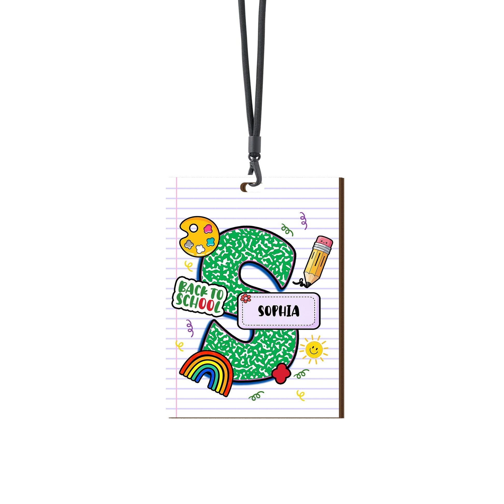 Personalized Back to School Lanyard ID Badge – Green Composition Letter Design with Name, Cute Teacher or Student Name Tag, Educators Gift