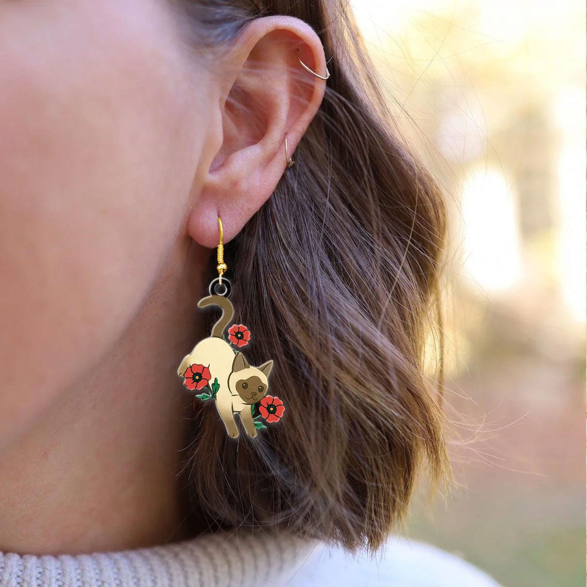 Cat Flower Earrings - Cute Cat with Birth Month Flowers Jewelry - Pet Lover Gift - Acrylic Cat Earrings - Kawaii Animal Dangle Earrings