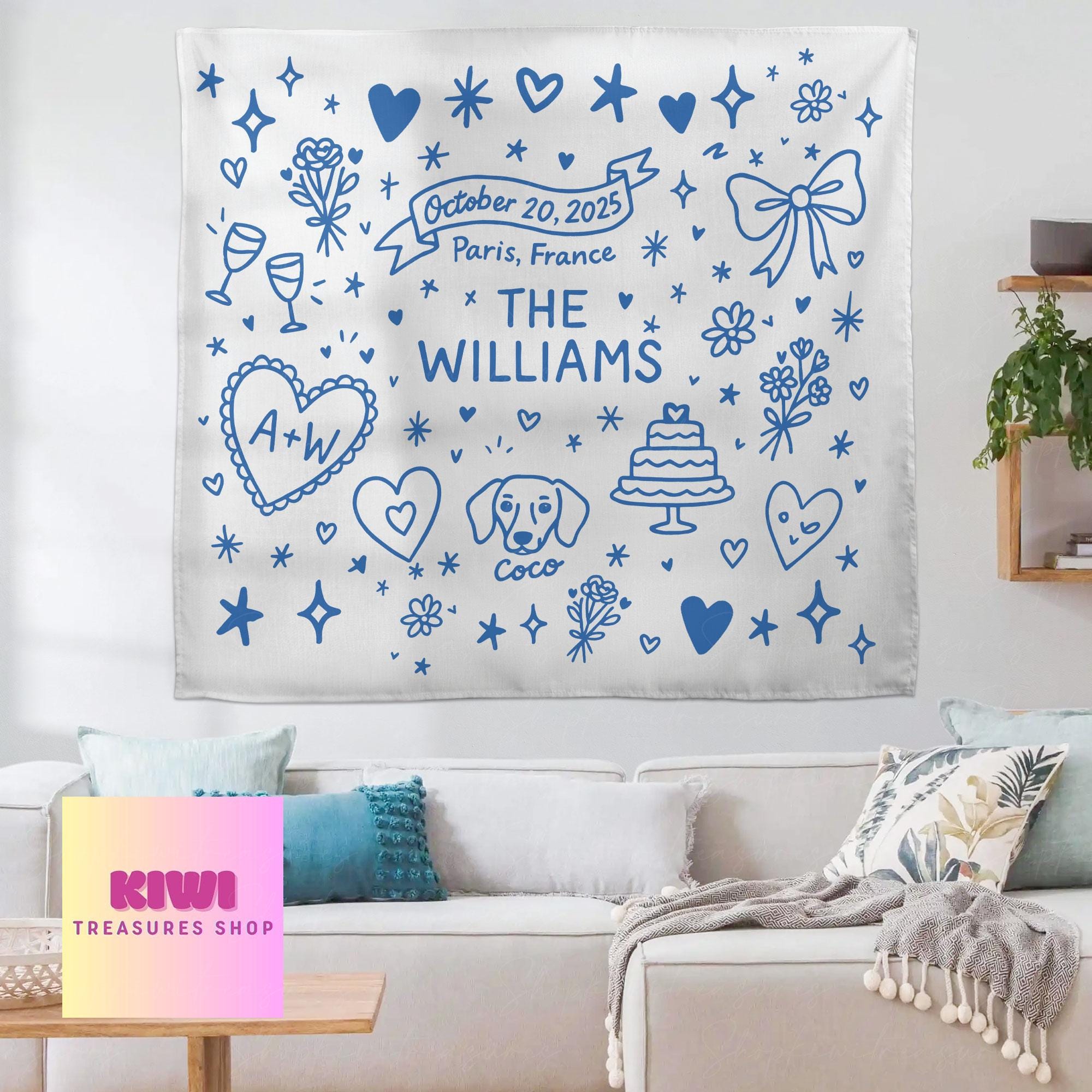 Custom Wedding Tapestry – Personalized Bride Gift with Name, Date & Pet, Bridal Shower or Engagement Party Wall Decor Keepsake