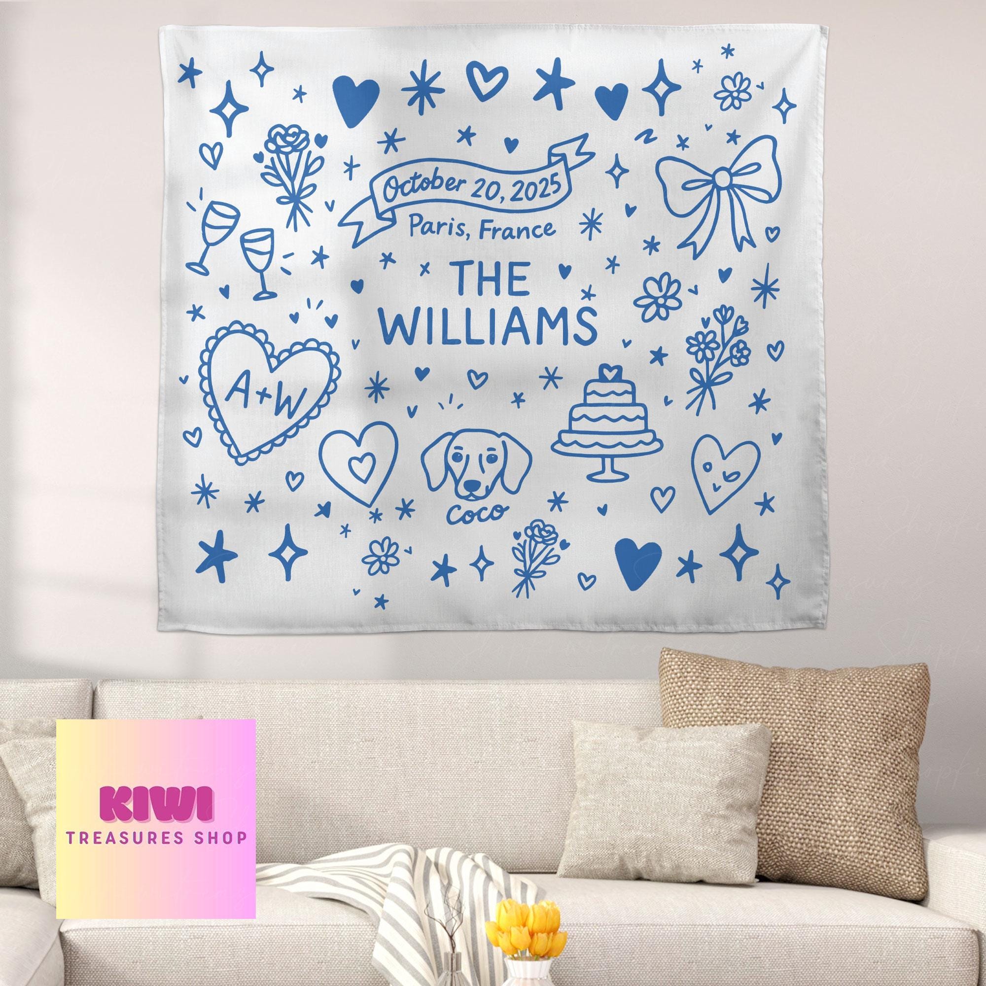 Custom Wedding Tapestry – Personalized Bride Gift with Name, Date & Pet, Bridal Shower or Engagement Party Wall Decor Keepsake