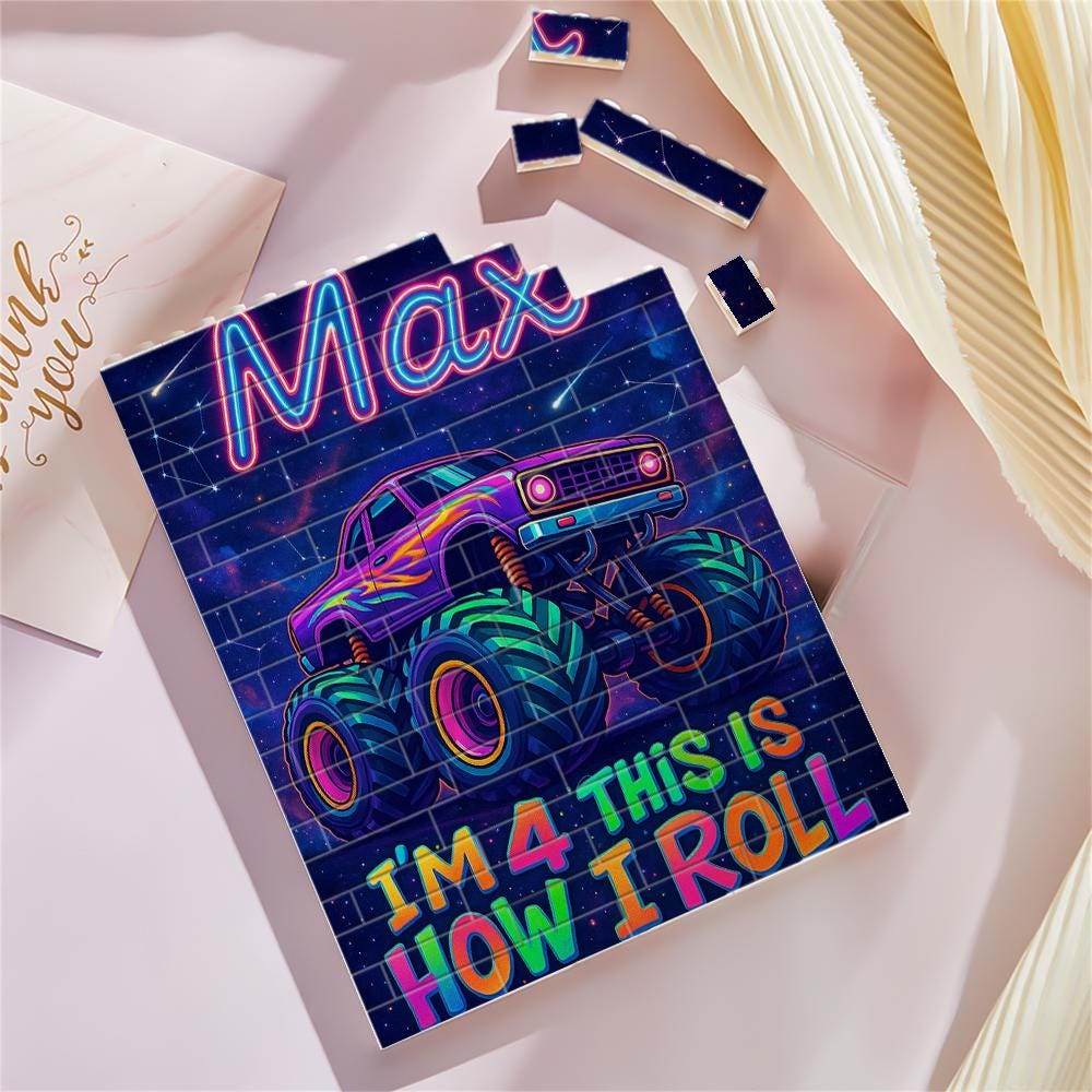 Personalized Monster Truck Birthday Building Block, Custom Birthday Gift, Neon Galaxy How I Roll Toy, Custom Name Stacking Bricks