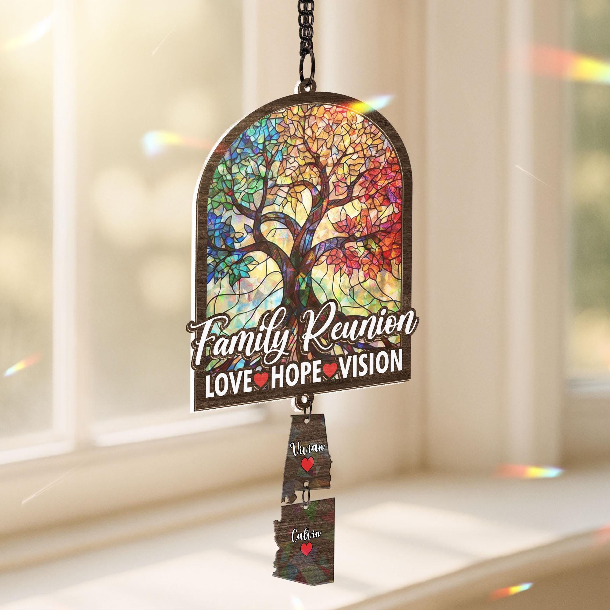 Custom Family Reunion Suncatcher– Wood State Map Gift – Family Tree Keepsake – Personalized Holographic Ornament – Family Reunion Decor