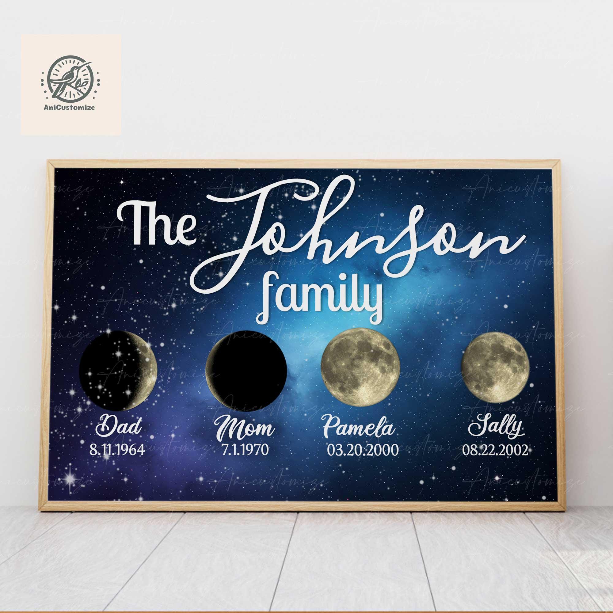 Custom Moon Phase Family Unframe Poster,Personalized Star Map Print, Family Gift with Birthdates, Celestial Wall Art,Family Member Moonphase