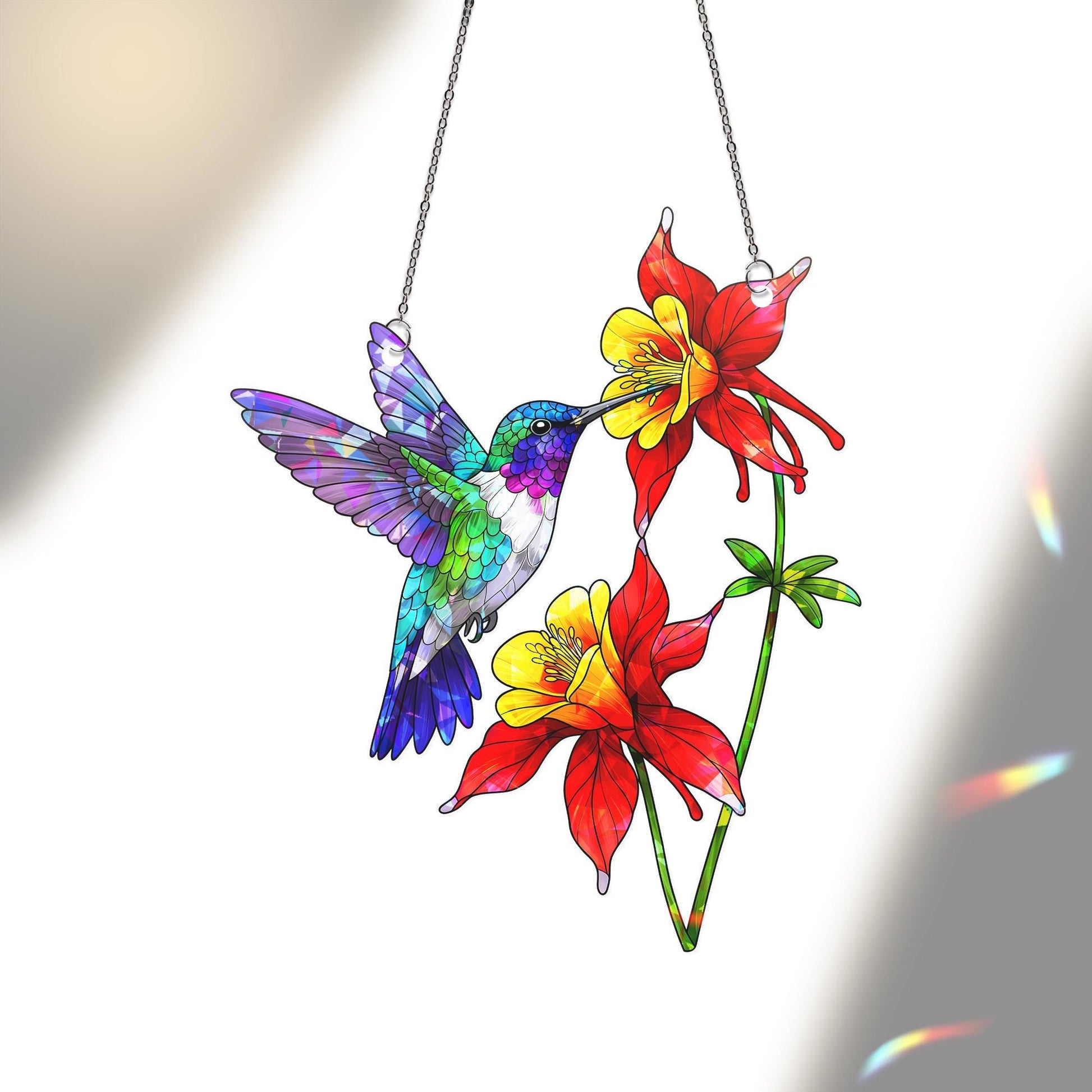 Vibrant Hummingbird & Columbine Acrylic Window Hanging Ornament, Nature Lover Gift, Colorful Garden Decor, Bird Lover Gift, Home Wall Art