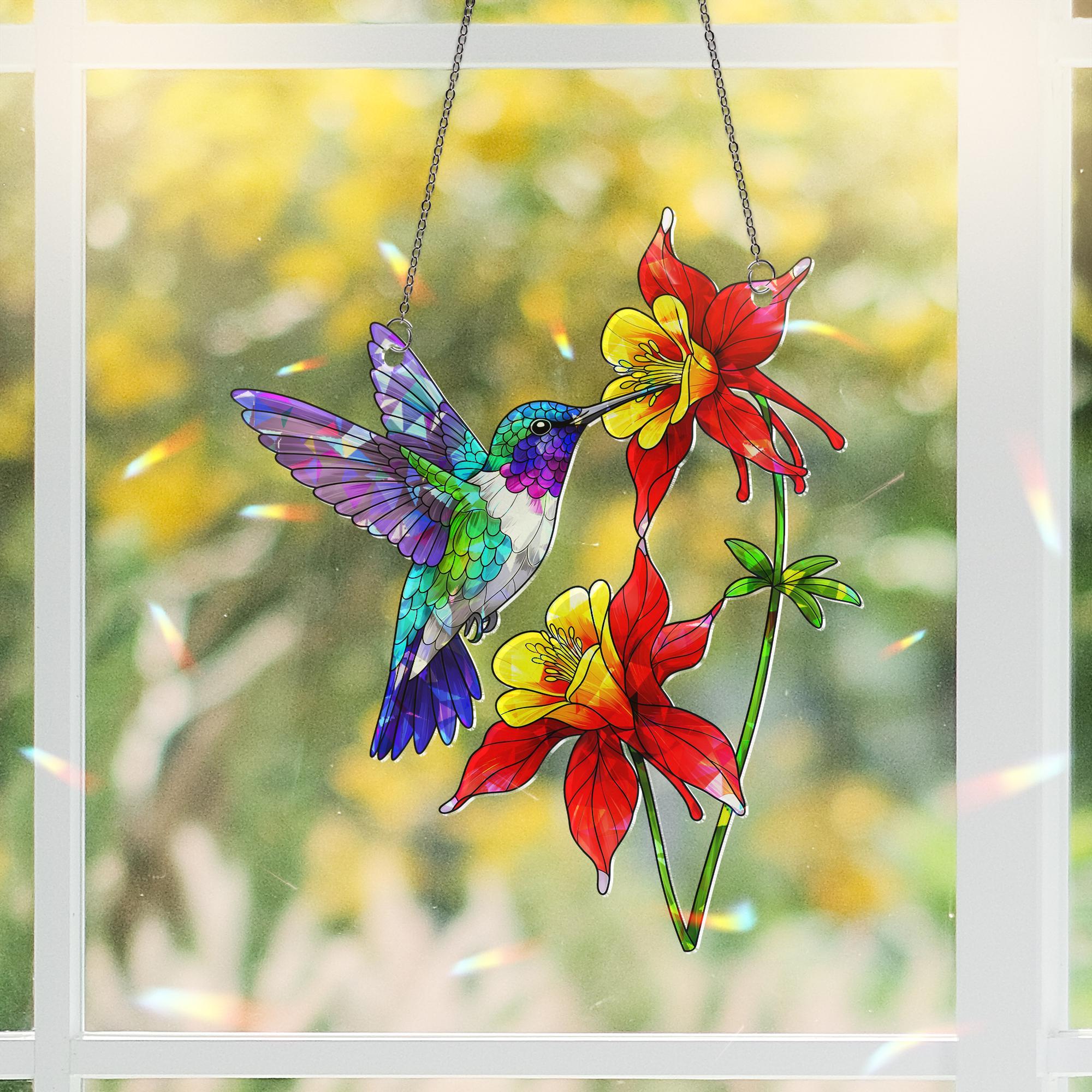 Vibrant Hummingbird & Columbine Acrylic Window Hanging Ornament, Nature Lover Gift, Colorful Garden Decor, Bird Lover Gift, Home Wall Art