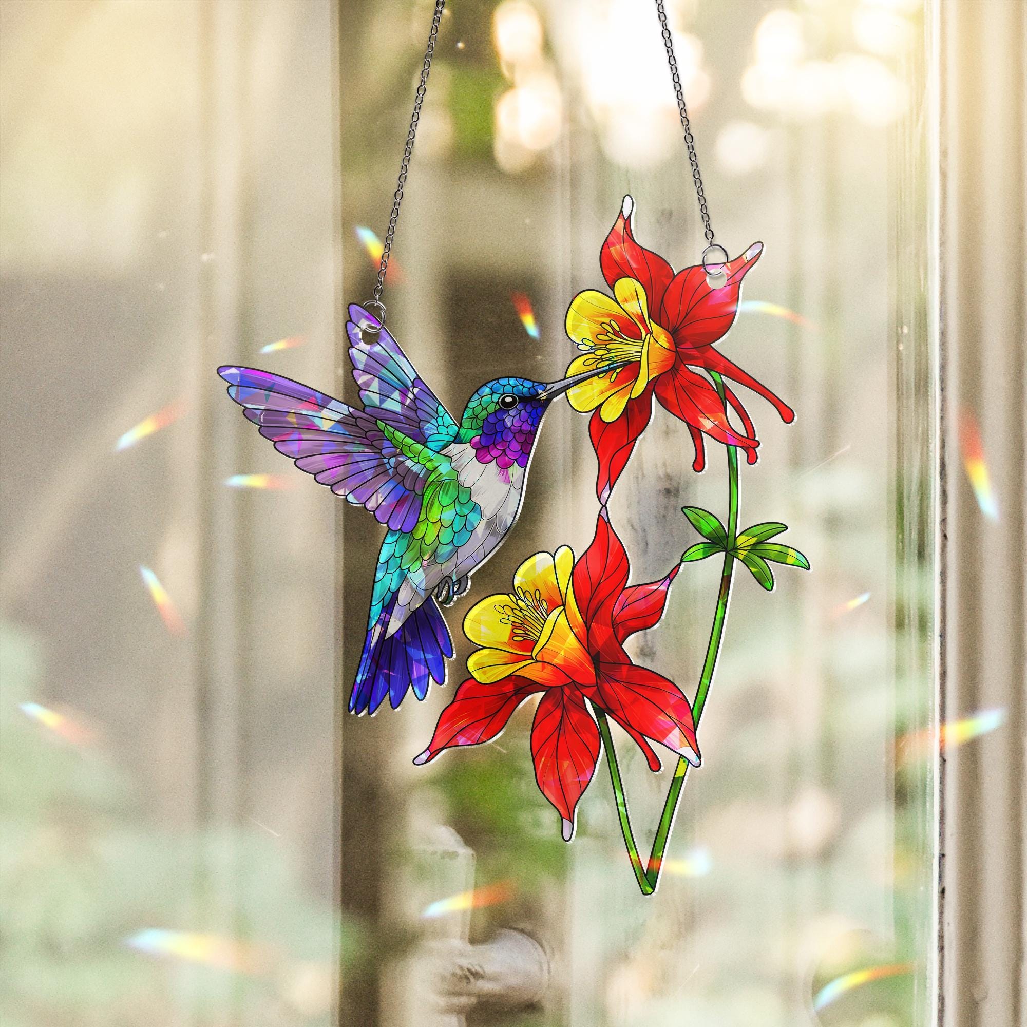 Vibrant Hummingbird & Columbine Acrylic Window Hanging Ornament, Nature Lover Gift, Colorful Garden Decor, Bird Lover Gift, Home Wall Art