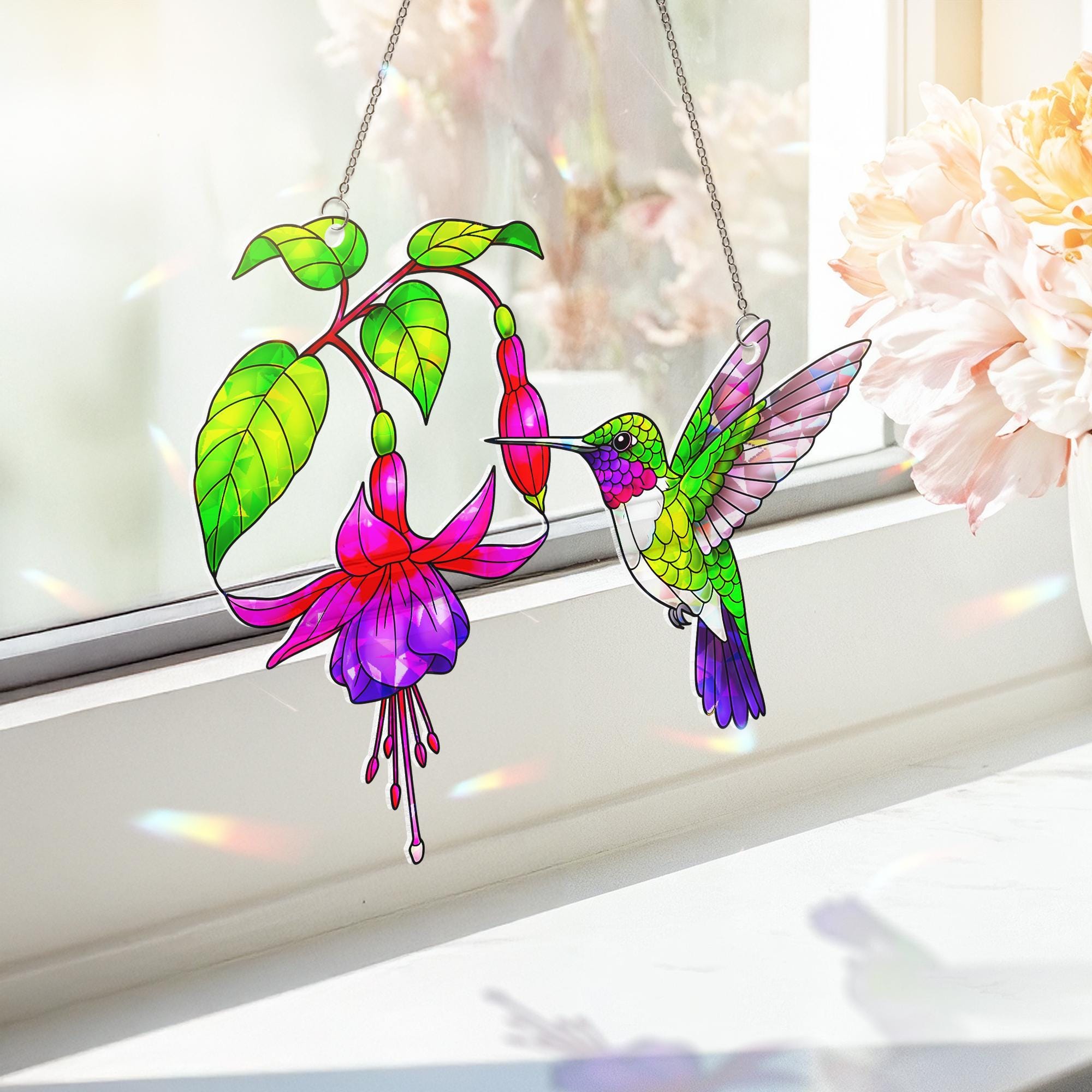 Hummingbird Fuchsia Acrylic Window Hanging Ornament, Bird Lover Gift, Home Decor, Wall Art Gift, Nature Art, Garden Mom