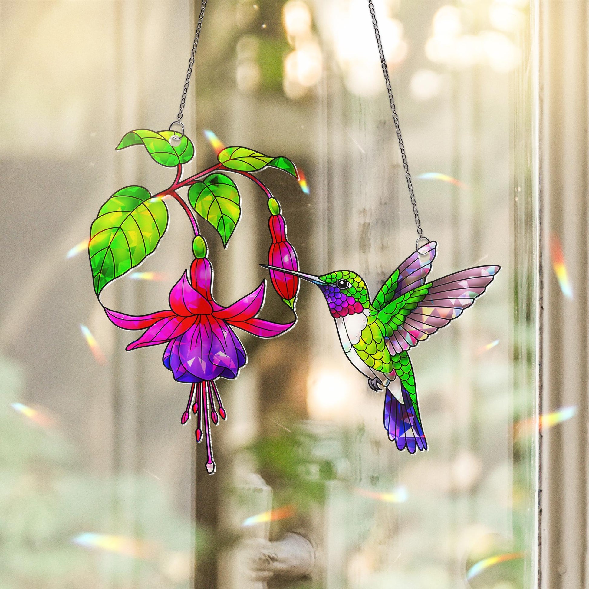 Hummingbird Fuchsia Acrylic Window Hanging Ornament, Bird Lover Gift, Home Decor, Wall Art Gift, Nature Art, Garden Mom