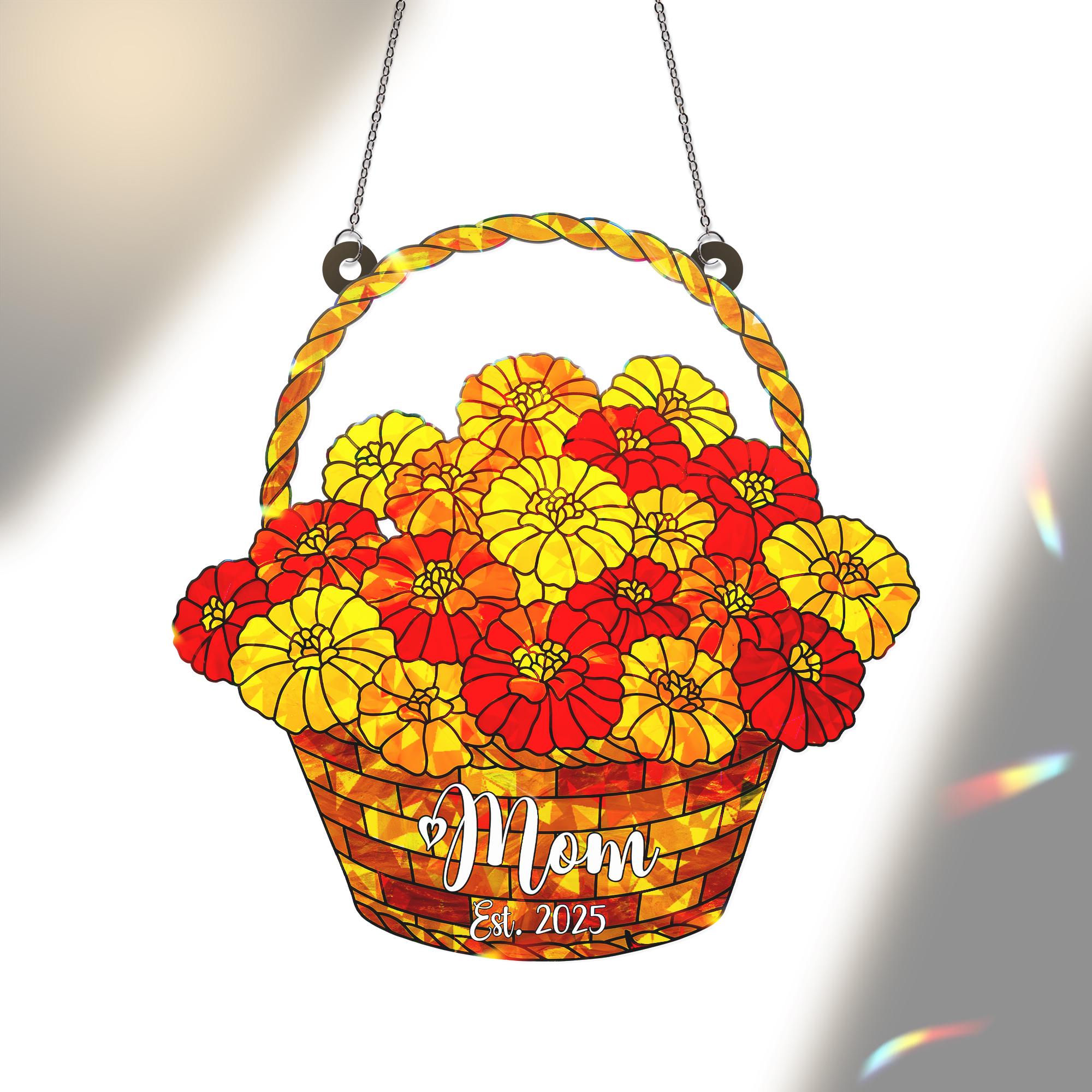 Personalized Mom Est. 2025 Marigold Basket Acrylic Window Hanging Ornament, New Mom Gift, Mother's Day, Custom Name Gift, October Birth Gift