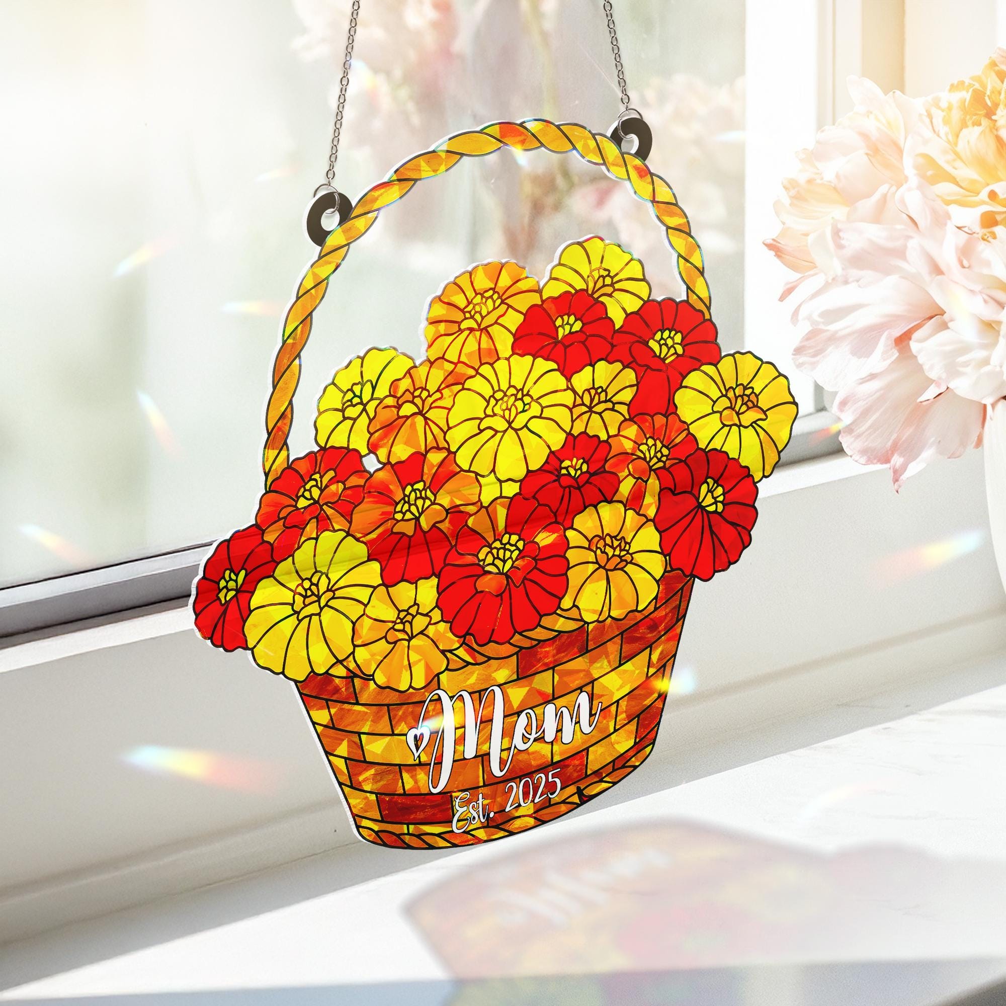 Personalized Mom Est. 2025 Marigold Basket Acrylic Window Hanging Ornament, New Mom Gift, Mother's Day, Custom Name Gift, October Birth Gift