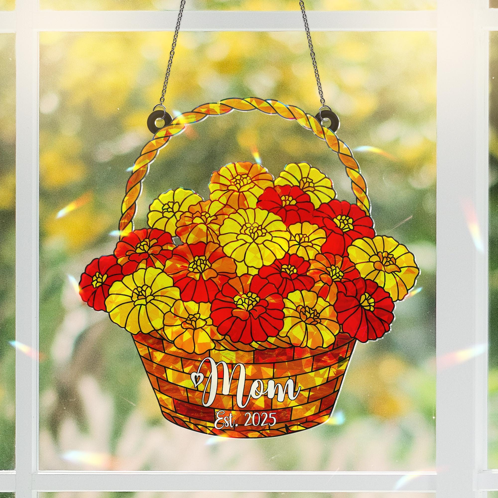 Personalized Mom Est. 2025 Marigold Basket Acrylic Window Hanging Ornament, New Mom Gift, Mother's Day, Custom Name Gift, October Birth Gift