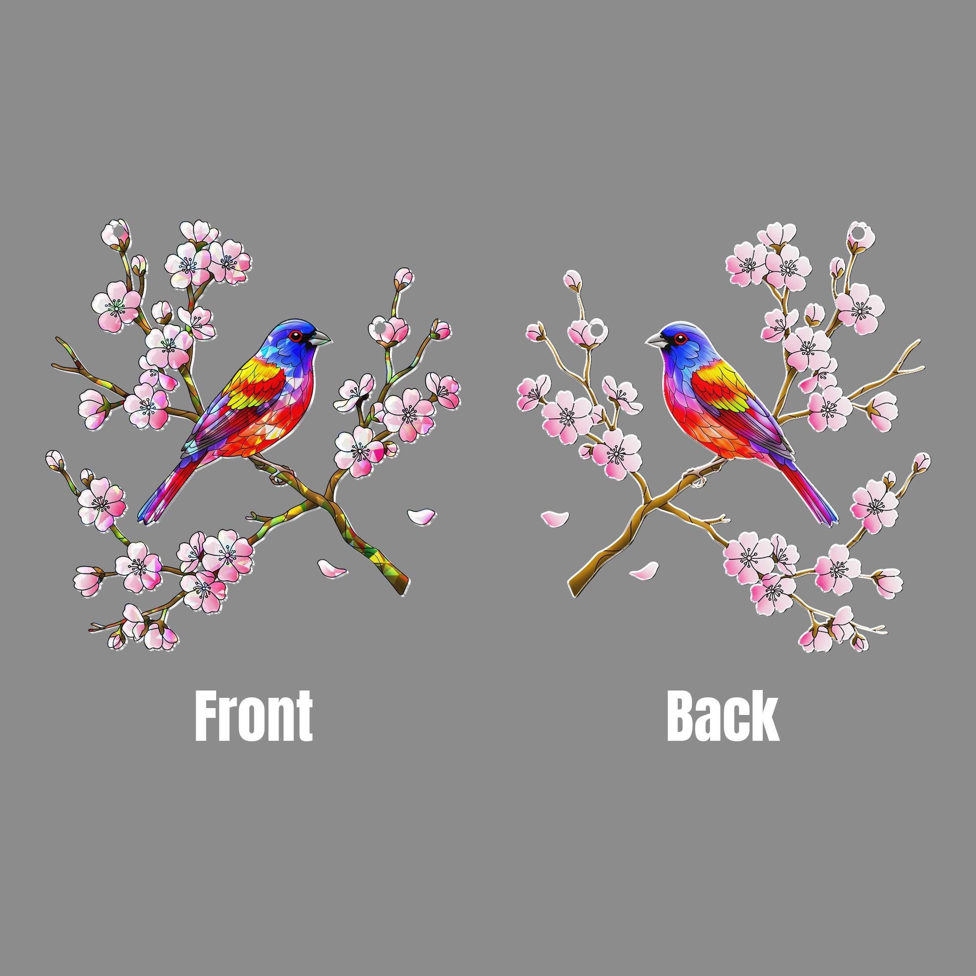 Painted Bunting Bird & Cherry Blossom Acrylic Window Hanging Ornament, Vibrant Spring Home Decor Gift Idea, Bird Lover, Flower Lover