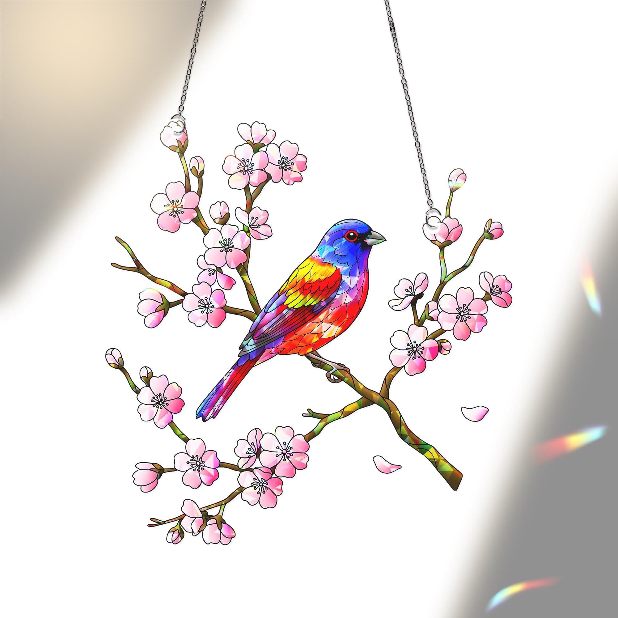 Painted Bunting Bird & Cherry Blossom Acrylic Window Hanging Ornament, Vibrant Spring Home Decor Gift Idea, Bird Lover, Flower Lover