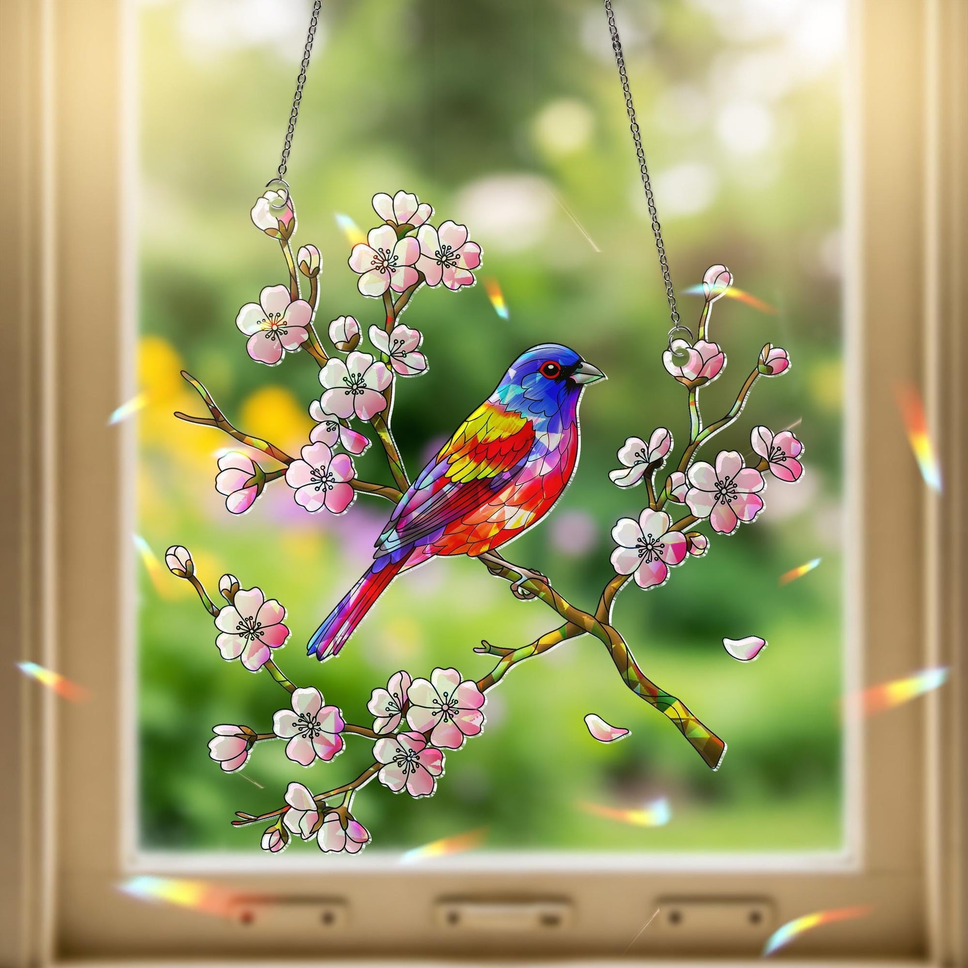 Painted Bunting Bird & Cherry Blossom Acrylic Window Hanging Ornament, Vibrant Spring Home Decor Gift Idea, Bird Lover, Flower Lover