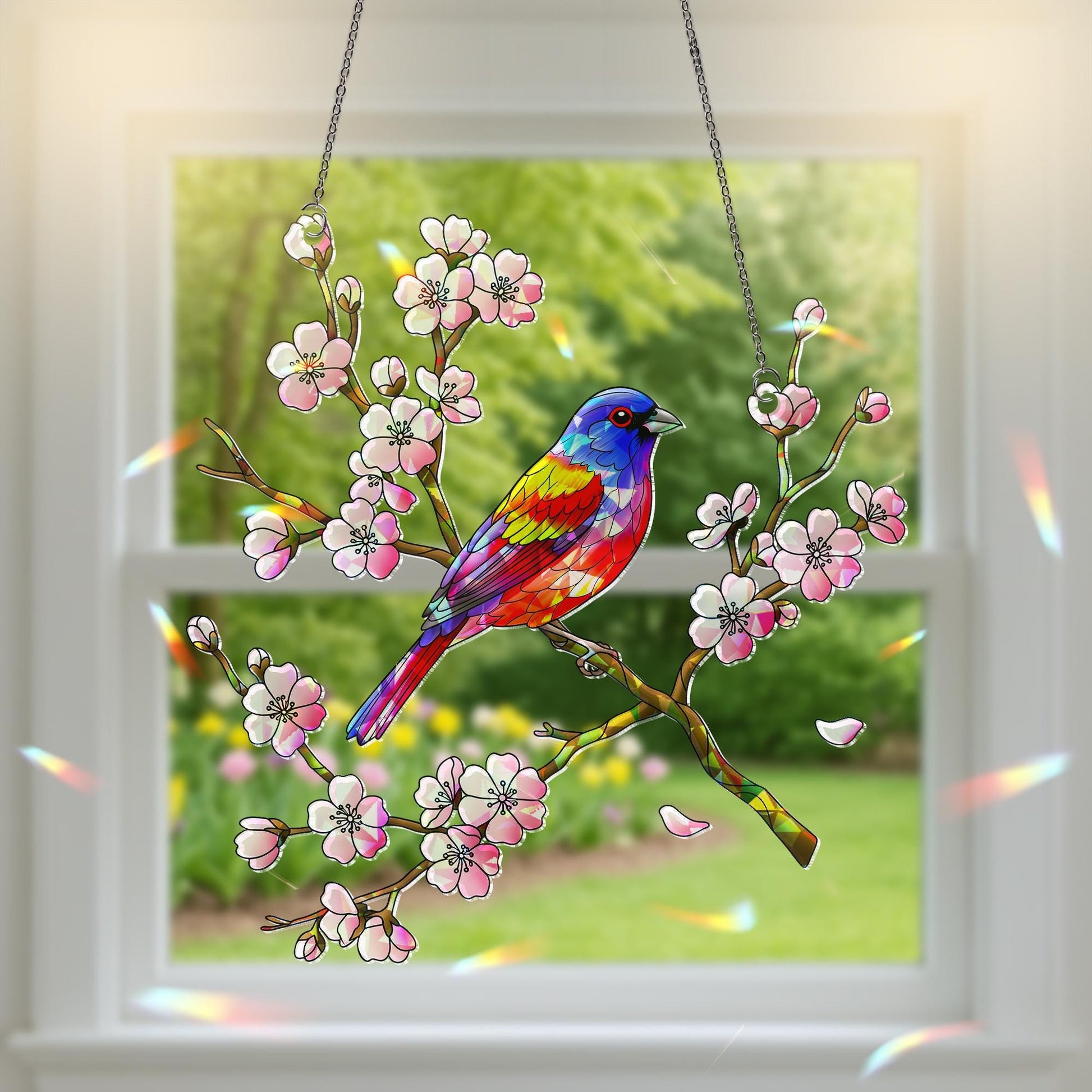 Painted Bunting Bird & Cherry Blossom Acrylic Window Hanging Ornament, Vibrant Spring Home Decor Gift Idea, Bird Lover, Flower Lover