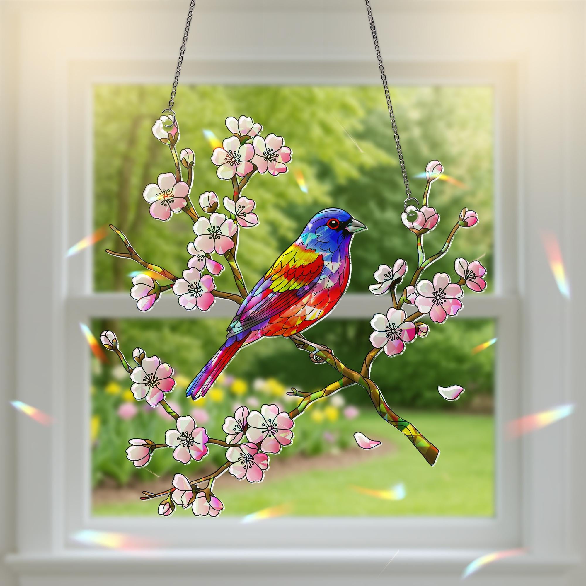 Painted Bunting Bird & Cherry Blossom Acrylic Window Hanging Ornament, Vibrant Spring Home Decor Gift Idea, Bird Lover, Flower Lover