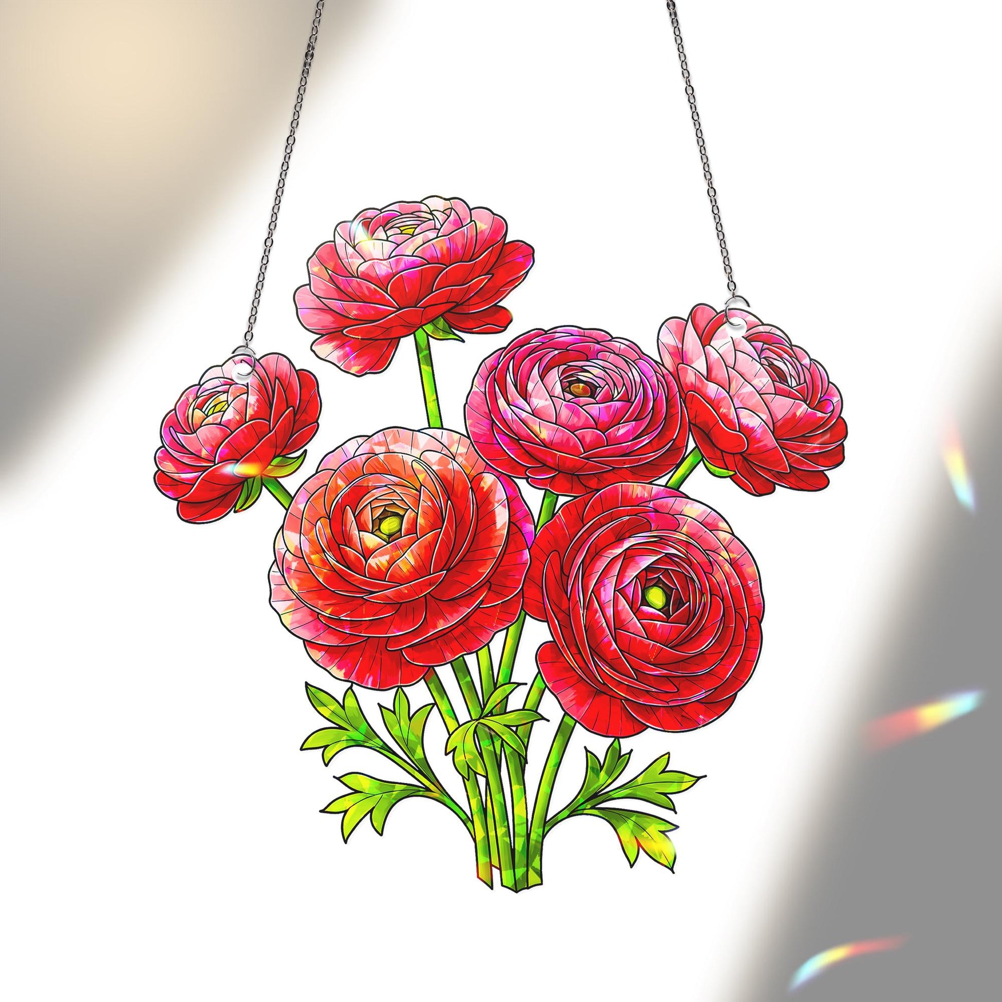 Red Pink Ranunculus Hologram Acrylic Window Hanging Ornament, Botanical Home Decor, Beautiful Gift For Her, Flower Lover