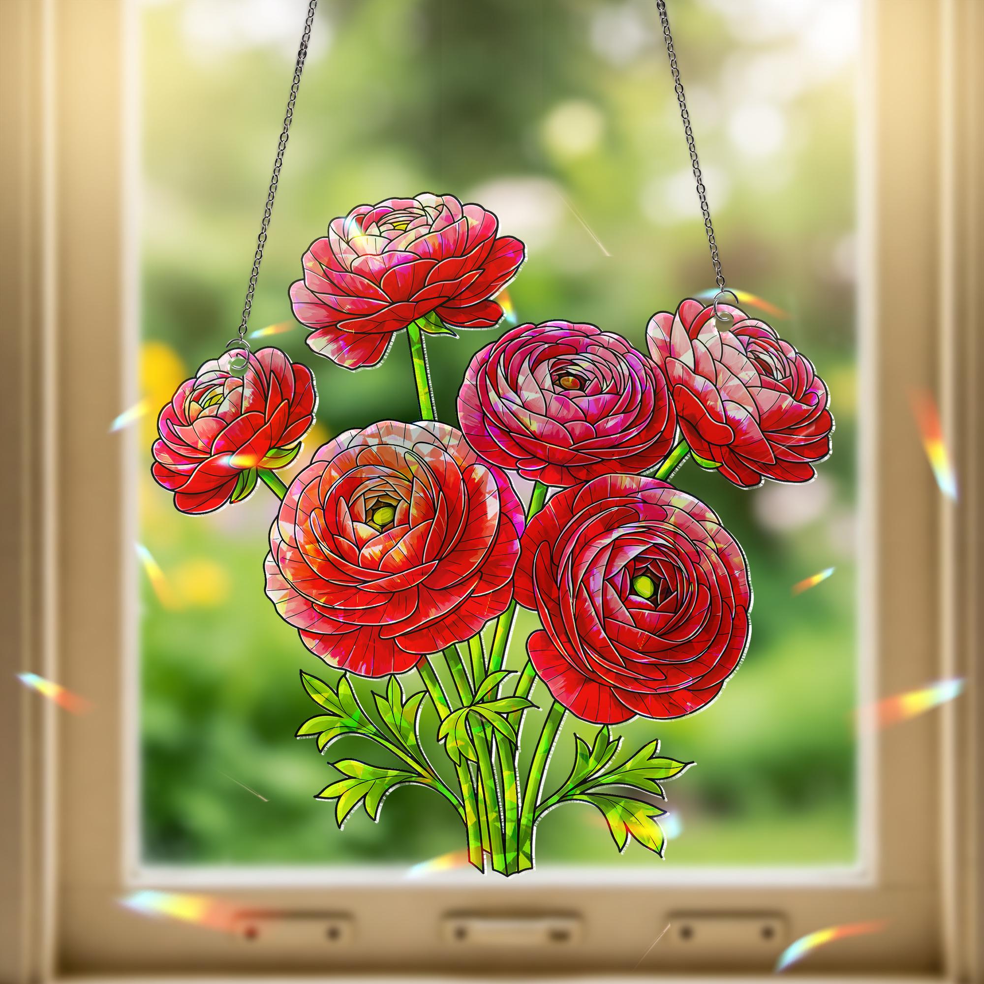 Red Pink Ranunculus Hologram Acrylic Window Hanging Ornament, Botanical Home Decor, Beautiful Gift For Her, Flower Lover
