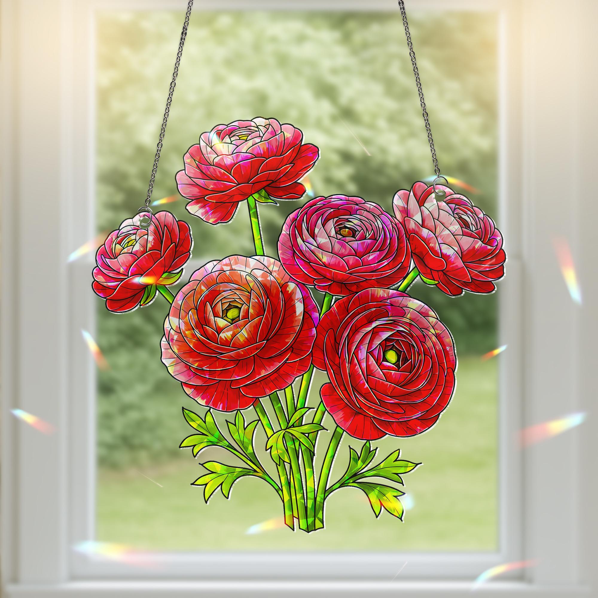 Red Pink Ranunculus Hologram Acrylic Window Hanging Ornament, Botanical Home Decor, Beautiful Gift For Her, Flower Lover