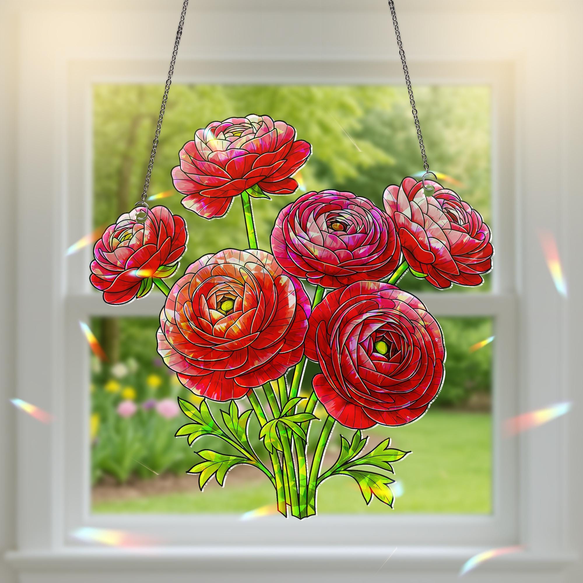 Red Pink Ranunculus Hologram Acrylic Window Hanging Ornament, Botanical Home Decor, Beautiful Gift For Her, Flower Lover