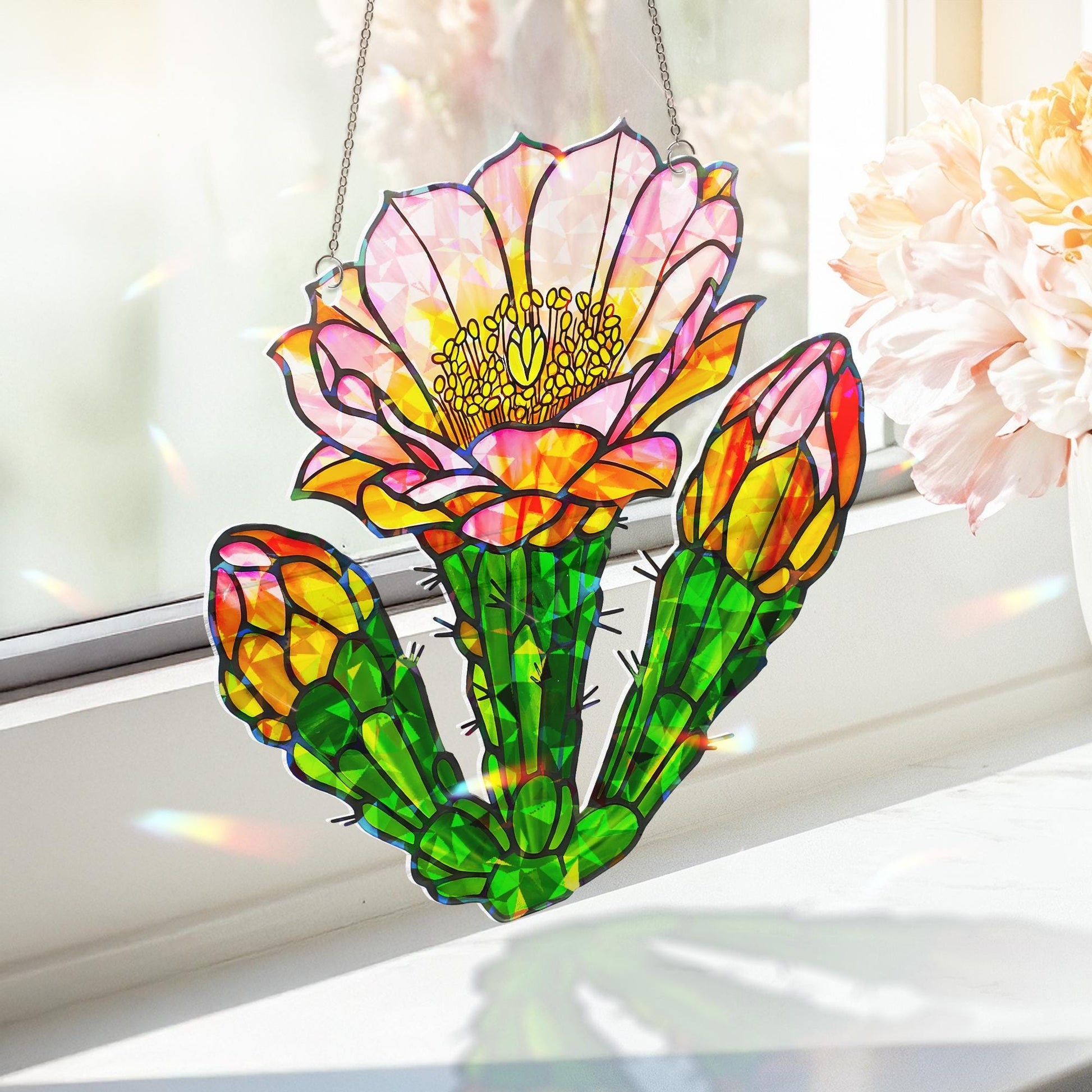 Saguaro Cactus Flower Hologram Acrylic Window Hanging Ornament, Desert Bloom Home Decor, Unique Gift Idea, Prism Home Decor, Flower Lover