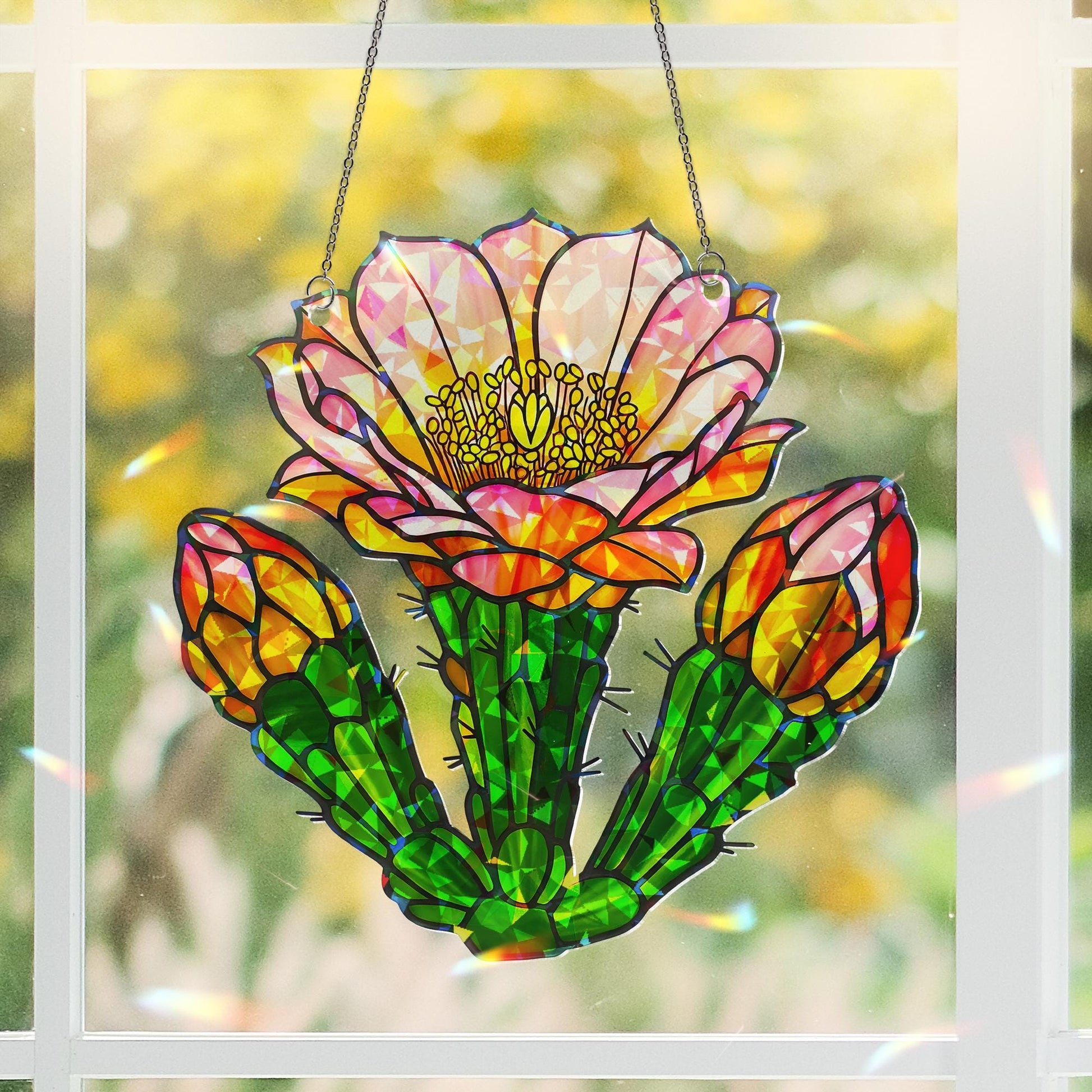 Saguaro Cactus Flower Hologram Acrylic Window Hanging Ornament, Desert Bloom Home Decor, Unique Gift Idea, Prism Home Decor, Flower Lover