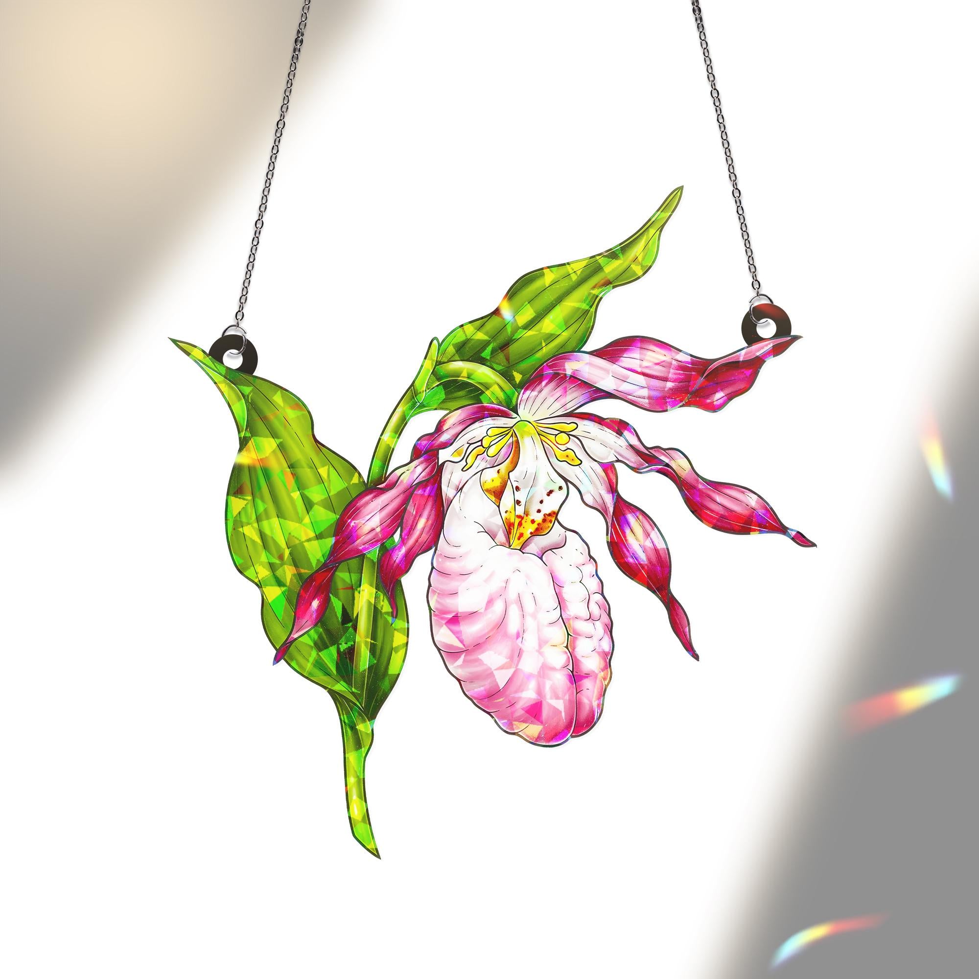 Pink Lady Slipper Orchid Hologram Acrylic Window Hanging Ornament, Floral Home Decor, Unique Gardener Gift, Botanical Art, Gift For Her