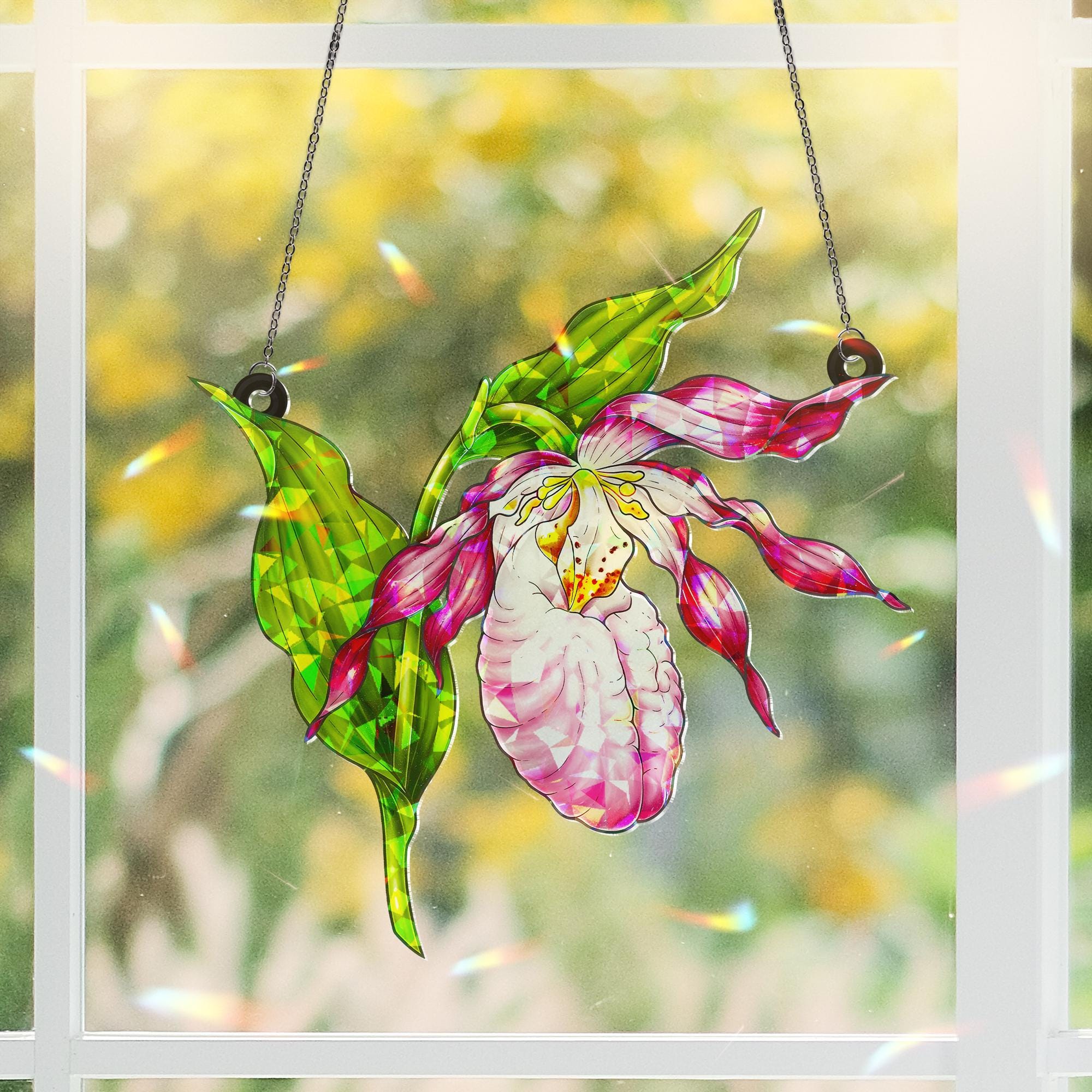 Pink Lady Slipper Orchid Hologram Acrylic Window Hanging Ornament, Floral Home Decor, Unique Gardener Gift, Botanical Art, Gift For Her