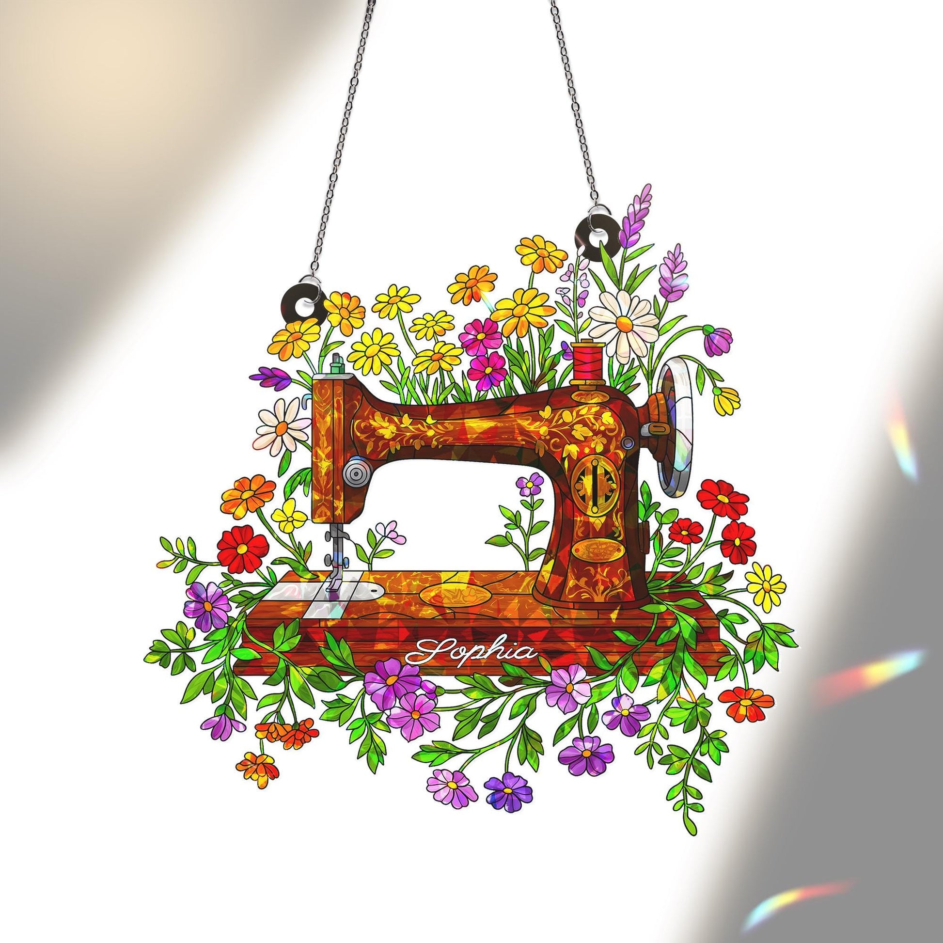 Personalized Floral Sewing Machine Hologram Acrylic Window Hanging Ornament, Custom Name Gift for Sewist, Quilter Mom, Crafter Decor
