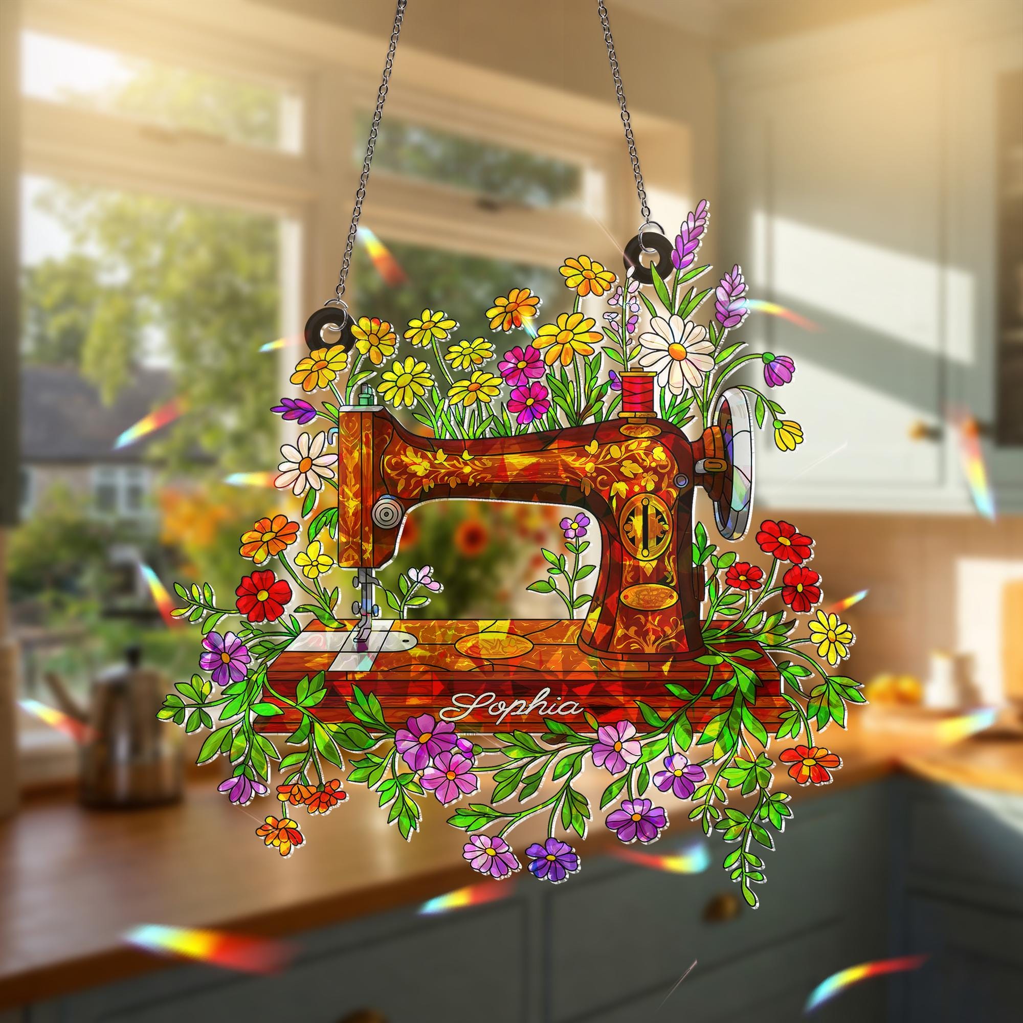 Personalized Floral Sewing Machine Hologram Acrylic Window Hanging Ornament, Custom Name Gift for Sewist, Quilter Mom, Crafter Decor