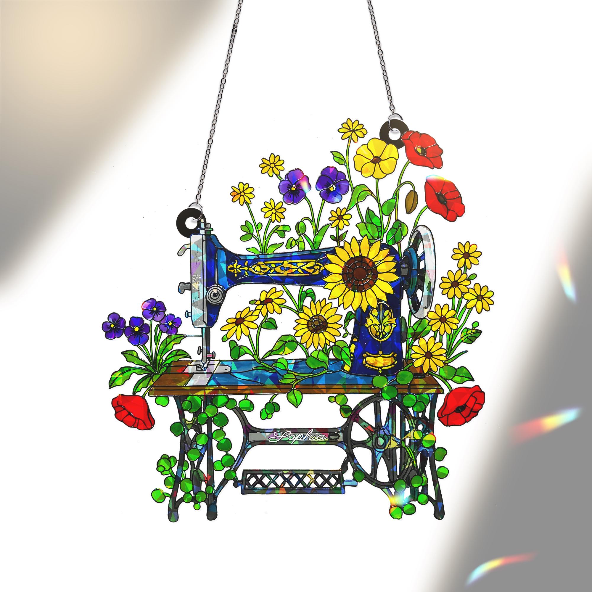 Personalized Floral Sewing Machine Hologram Acrylic Window Hanging Ornament, Custom Name Gift for Sewist, Quilter Grandma, Crafter Decor