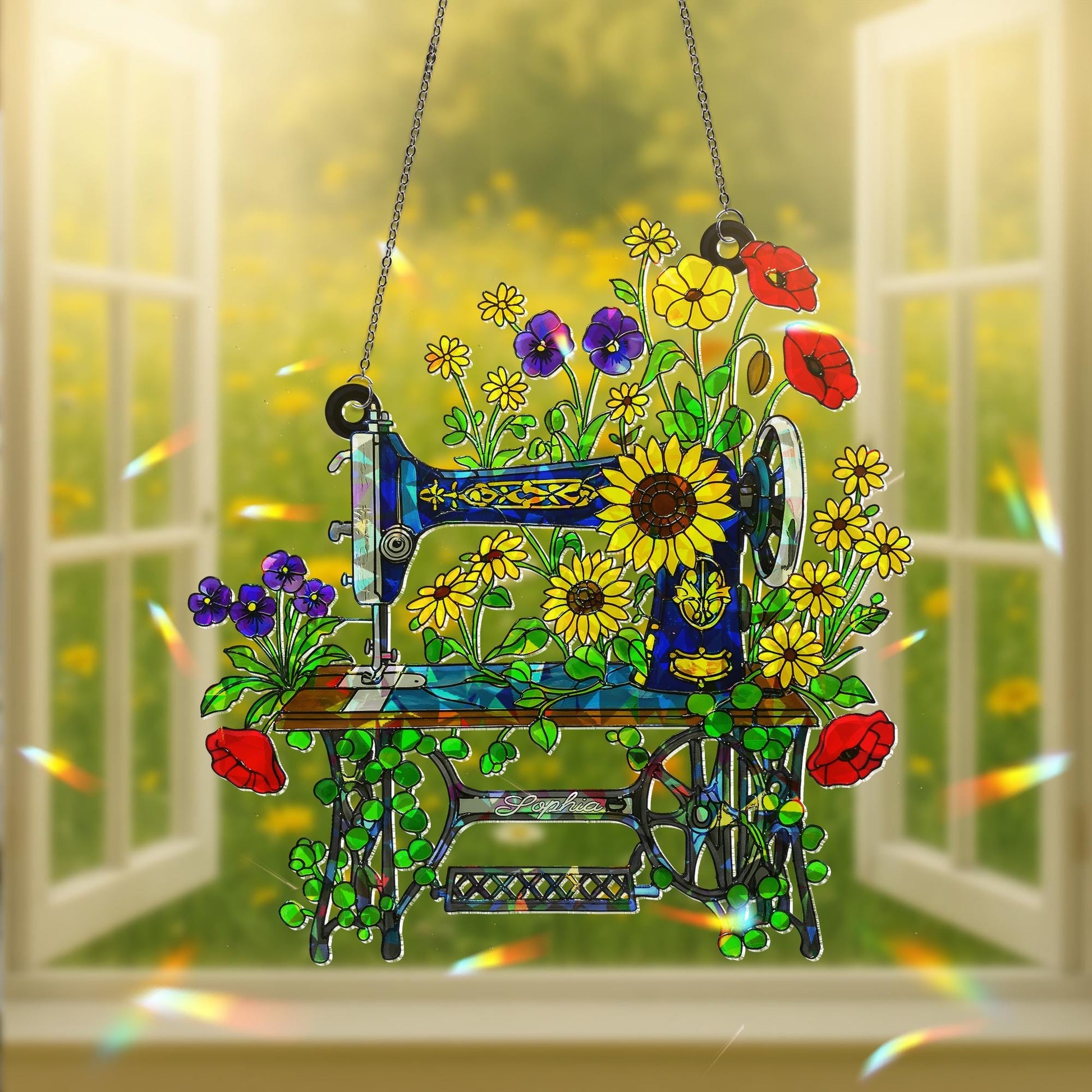 Personalized Floral Sewing Machine Hologram Acrylic Window Hanging Ornament, Custom Name Gift for Sewist, Quilter Grandma, Crafter Decor