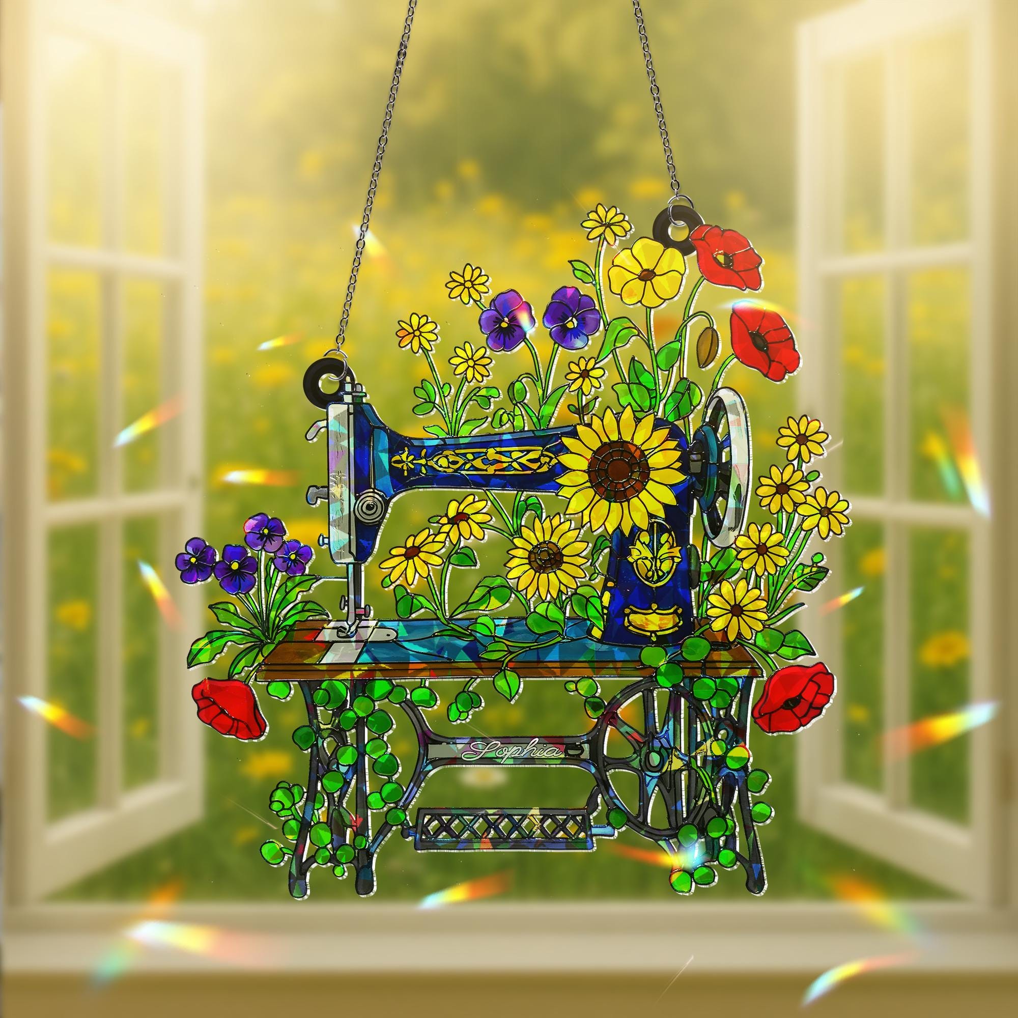 Personalized Floral Sewing Machine Hologram Acrylic Window Hanging Ornament, Custom Name Gift for Sewist, Quilter Grandma, Crafter Decor