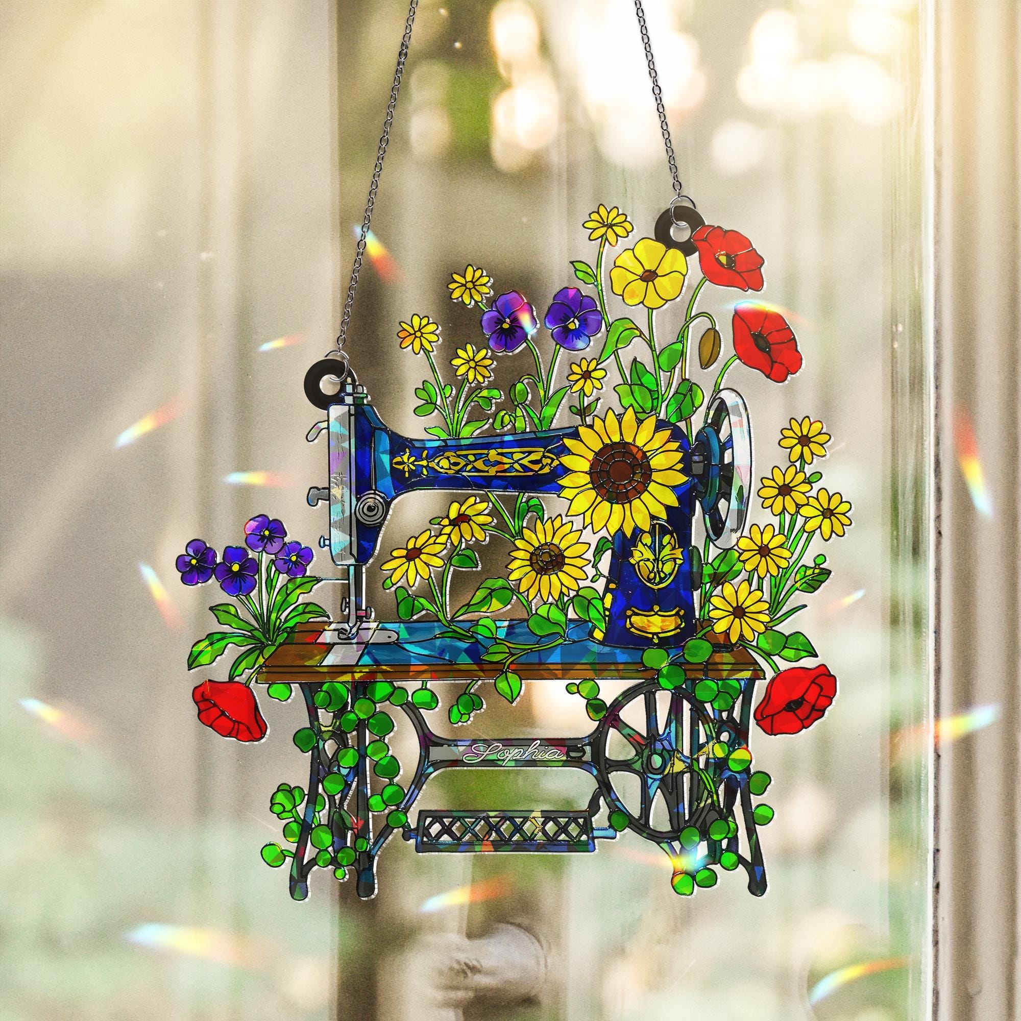Personalized Floral Sewing Machine Hologram Acrylic Window Hanging Ornament, Custom Name Gift for Sewist, Quilter Grandma, Crafter Decor