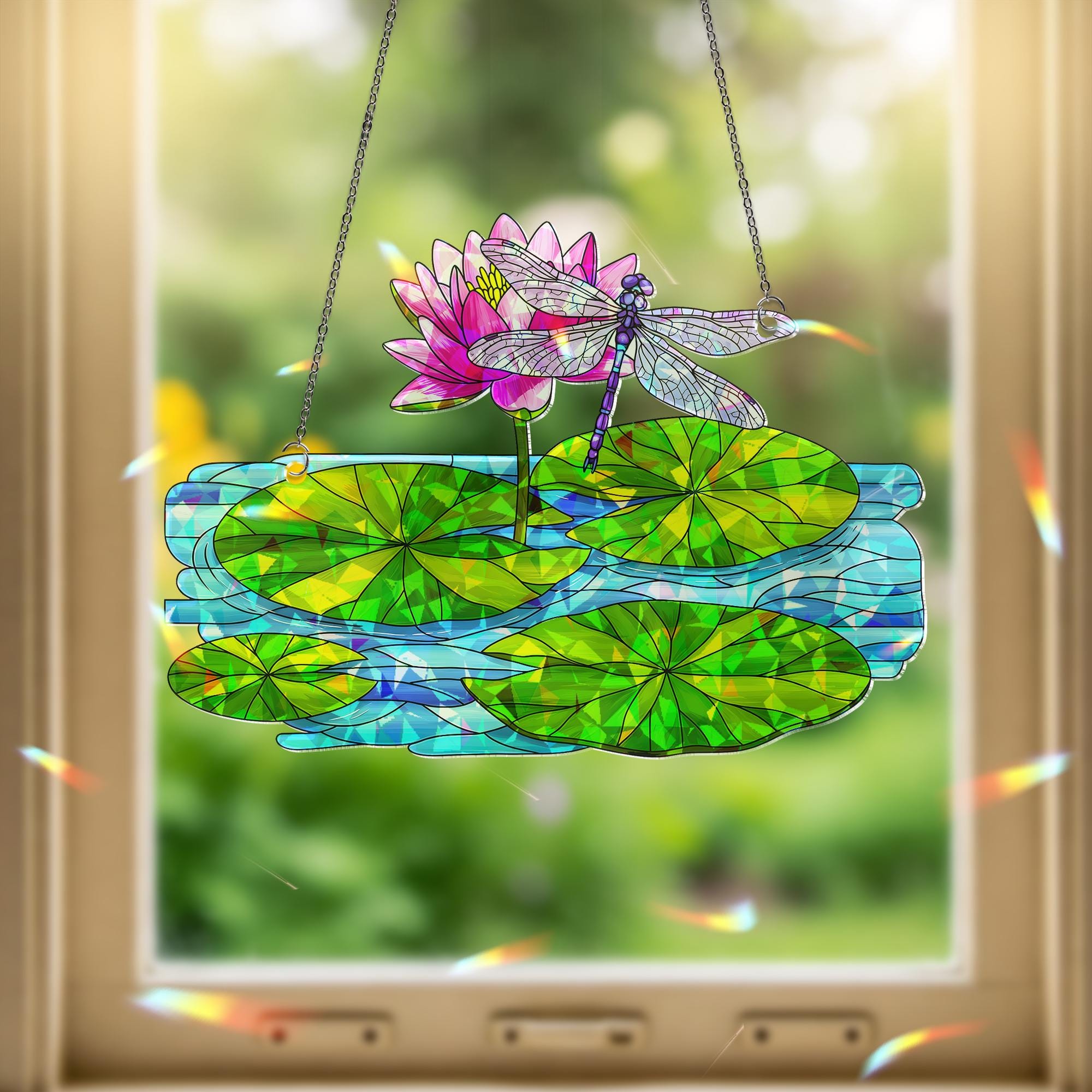 Dragonfly & Water Lily Hologram Acrylic Window Hanging Ornament, Nature Inspired Home Decor, Unique Gift Idea, Flower Lover, Gift For Her