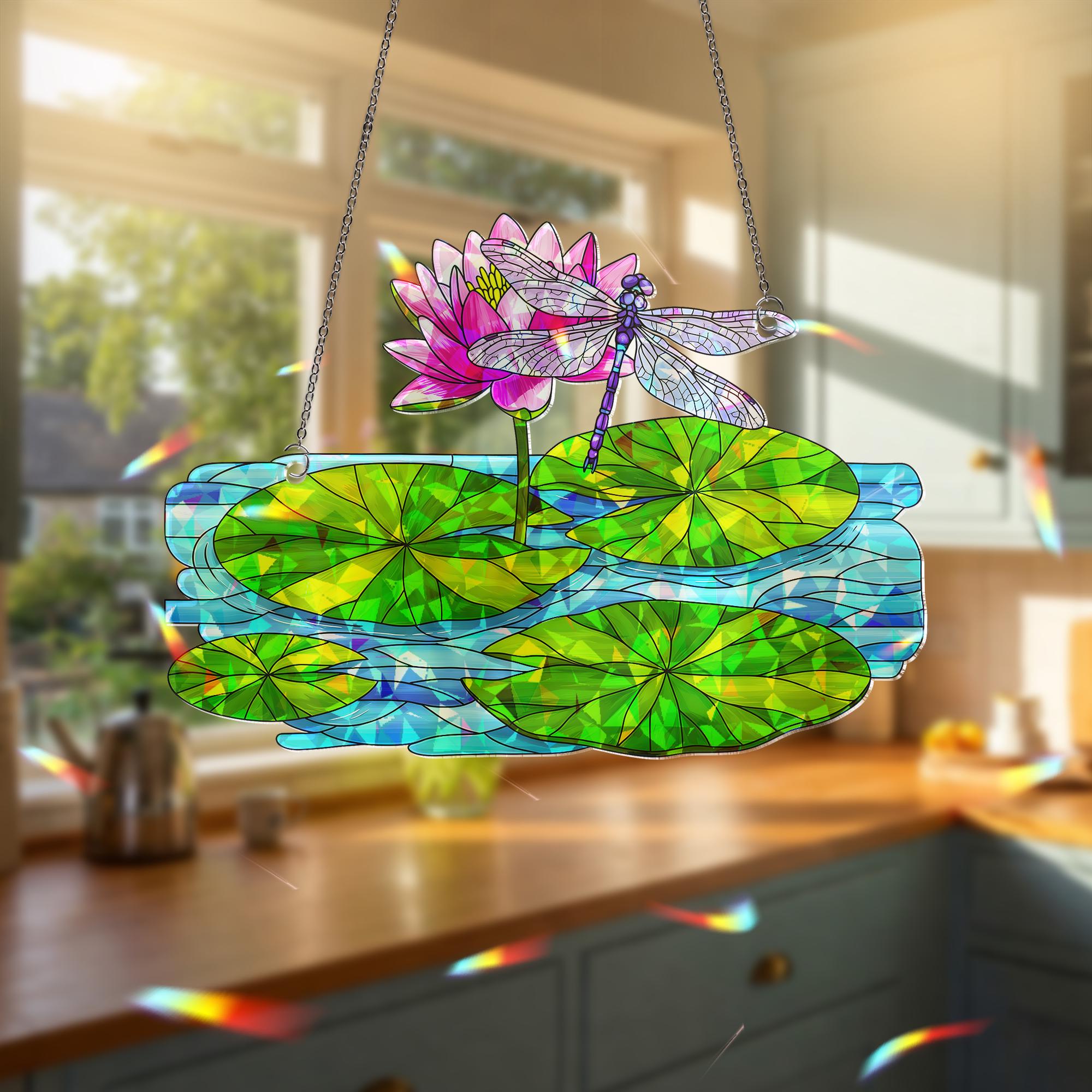 Dragonfly & Water Lily Hologram Acrylic Window Hanging Ornament, Nature Inspired Home Decor, Unique Gift Idea, Flower Lover, Gift For Her