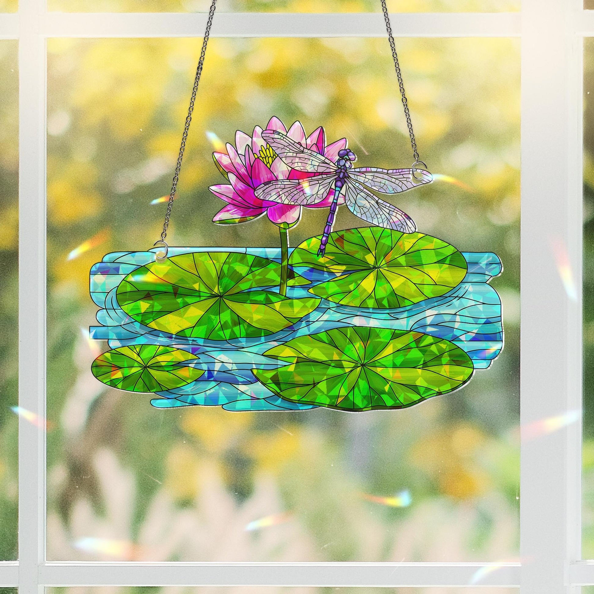 Dragonfly & Water Lily Hologram Acrylic Window Hanging Ornament, Nature Inspired Home Decor, Unique Gift Idea, Flower Lover, Gift For Her