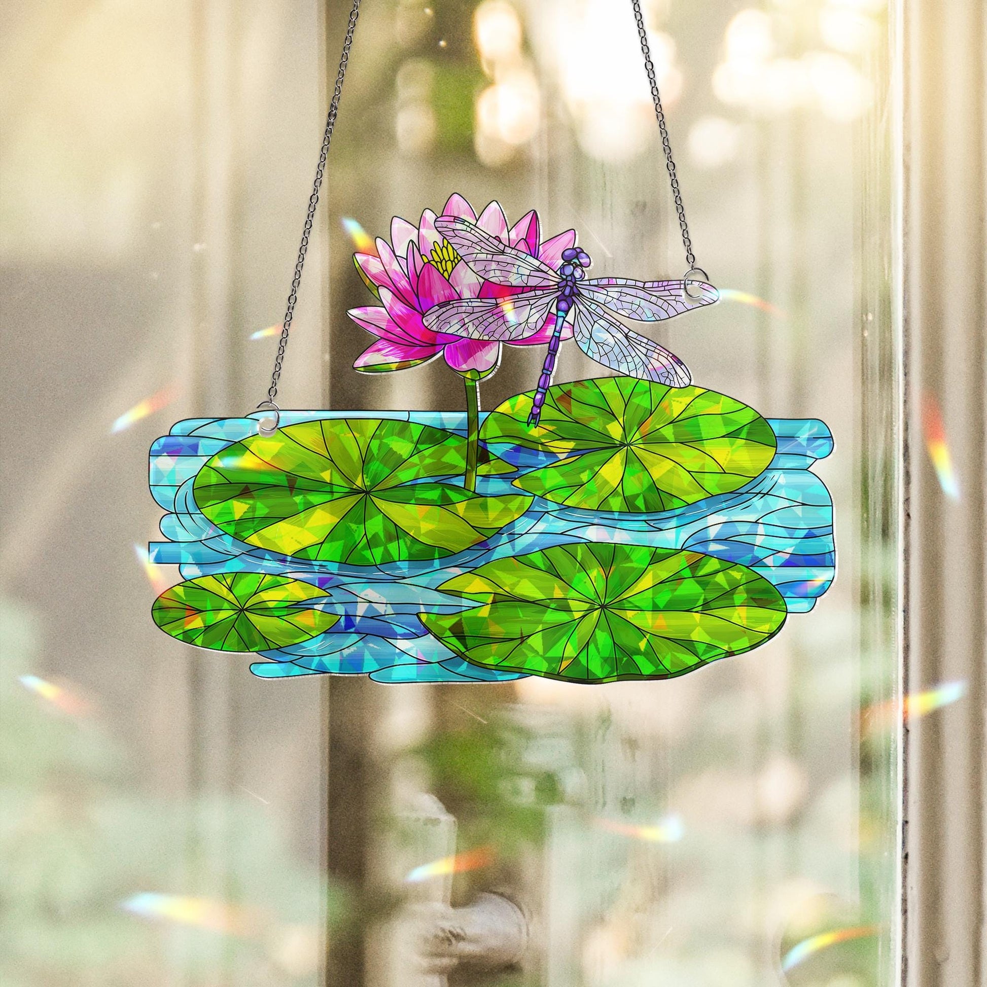 Dragonfly & Water Lily Hologram Acrylic Window Hanging Ornament, Nature Inspired Home Decor, Unique Gift Idea, Flower Lover, Gift For Her
