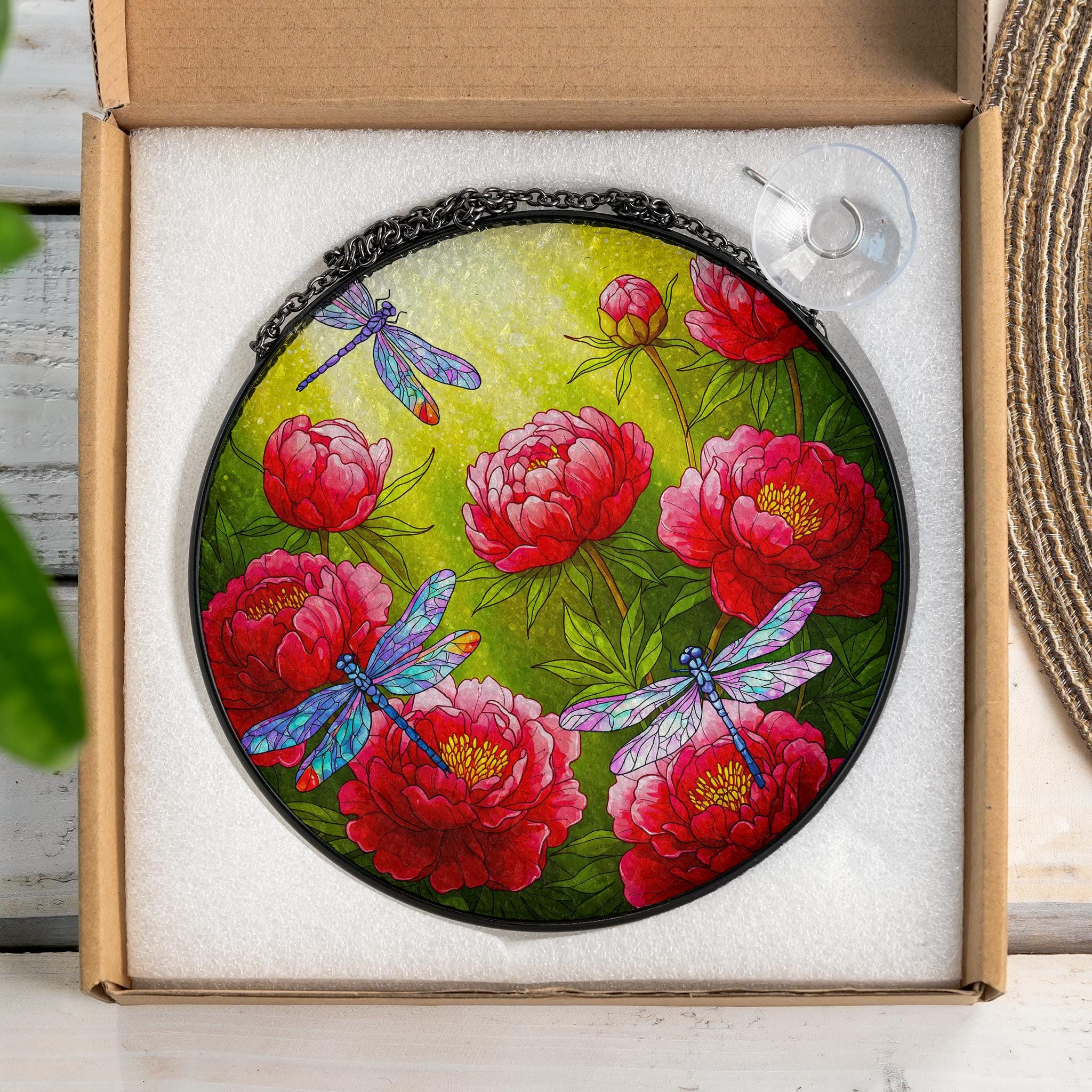Peony & Dragonfly Glass Suncatcher, Vibrant Floral Window Hanging Decor, Unique Nature Lover Gift, Flower Lover, Gardener Gift, Gift For Mom