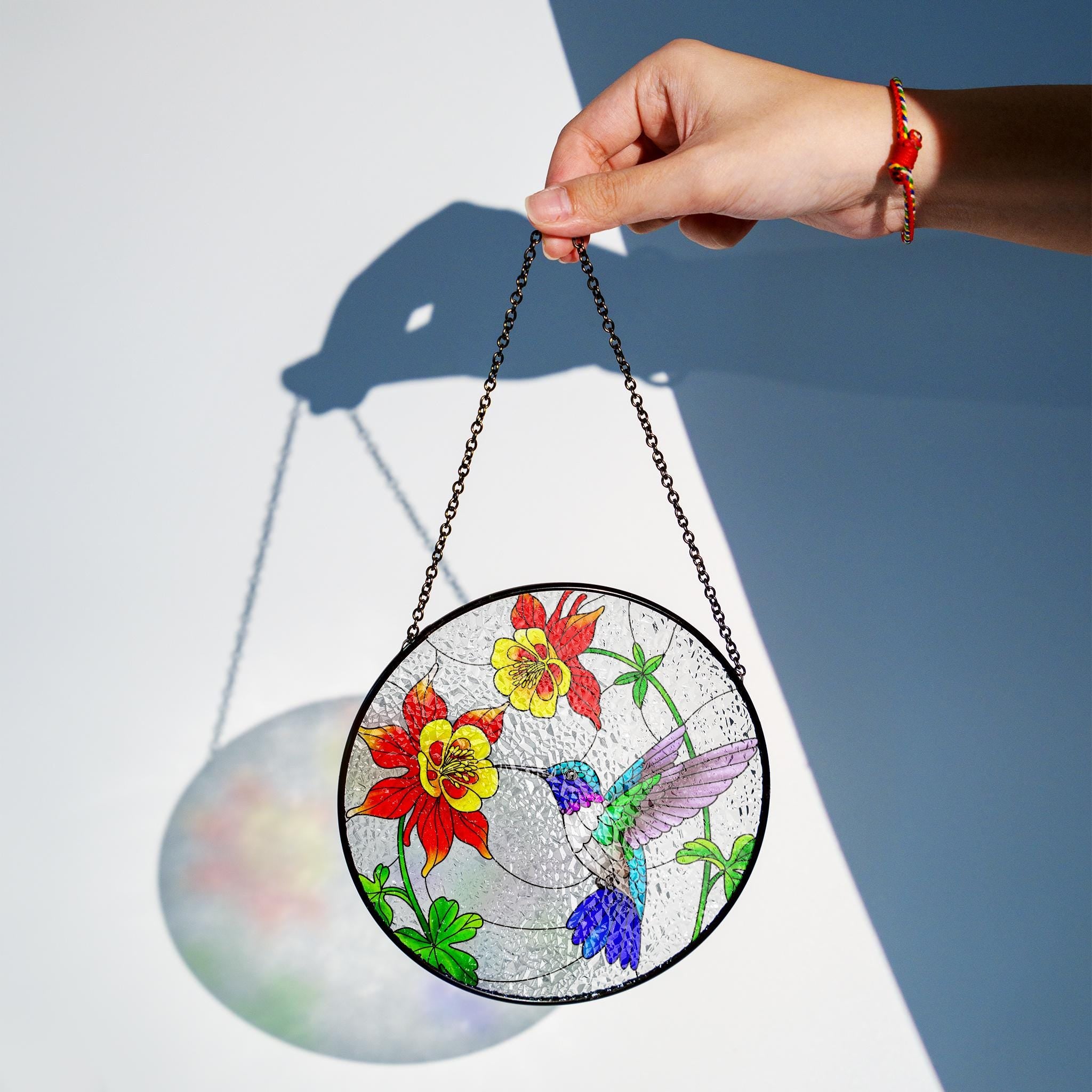 Hummingbird and Columbine Flowers Glass Suncatcher, Round Window Hanging, Colorful Bird Art, Nature Lover Gift, Home Decor, Gift For Her