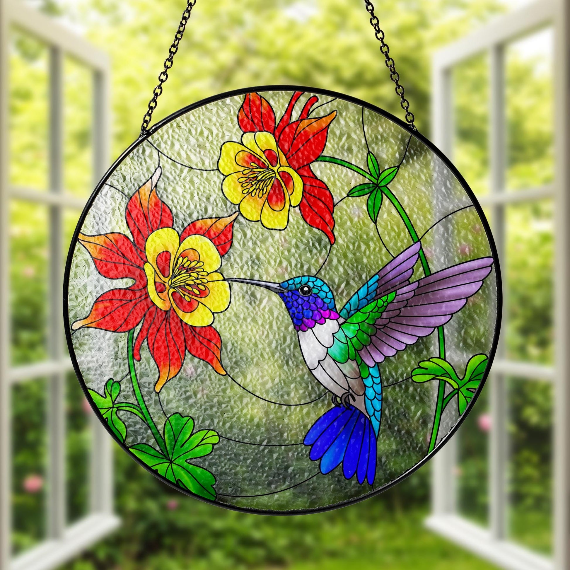 Hummingbird and Columbine Flowers Glass Suncatcher, Round Window Hanging, Colorful Bird Art, Nature Lover Gift, Home Decor, Gift For Her