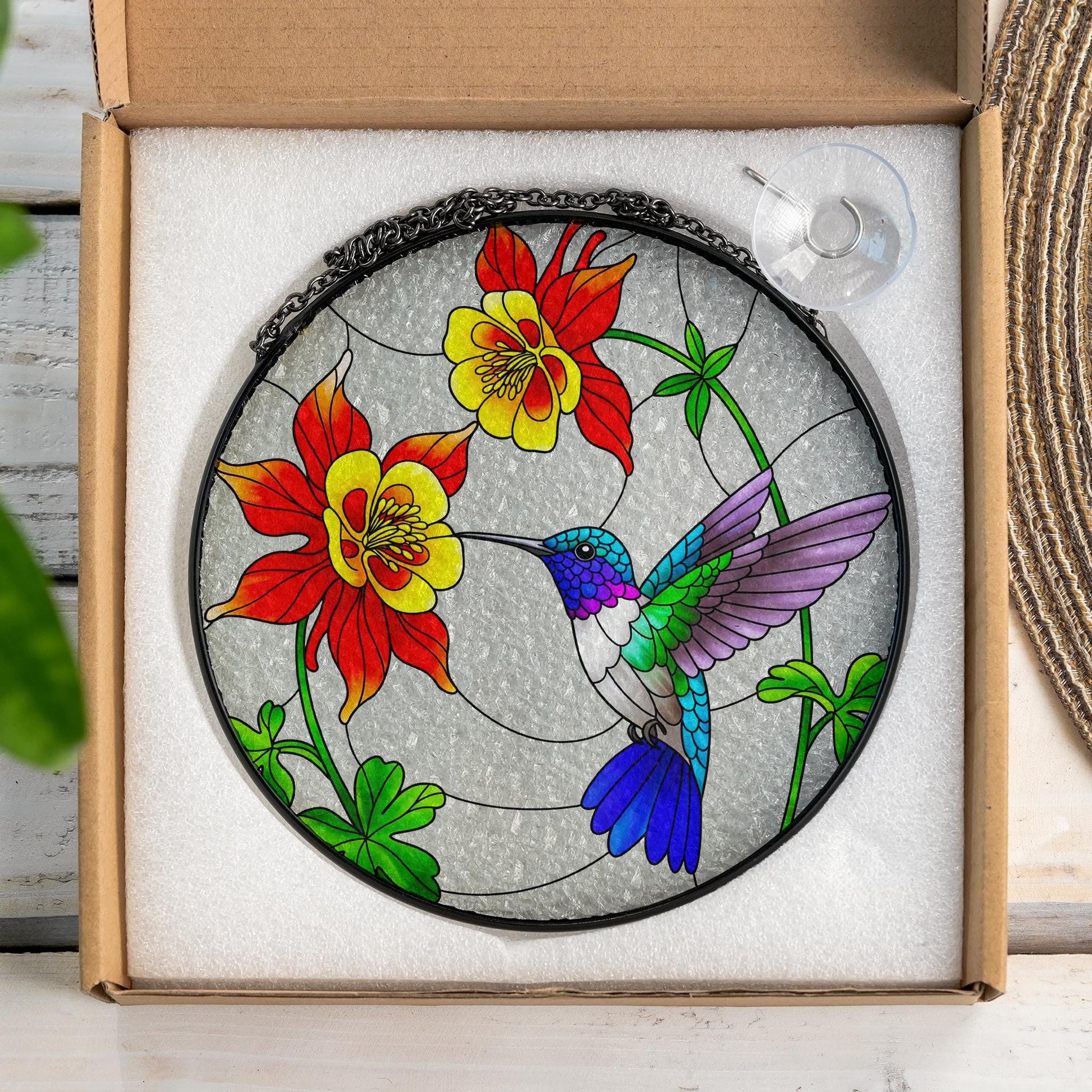 Hummingbird and Columbine Flowers Glass Suncatcher, Round Window Hanging, Colorful Bird Art, Nature Lover Gift, Home Decor, Gift For Her