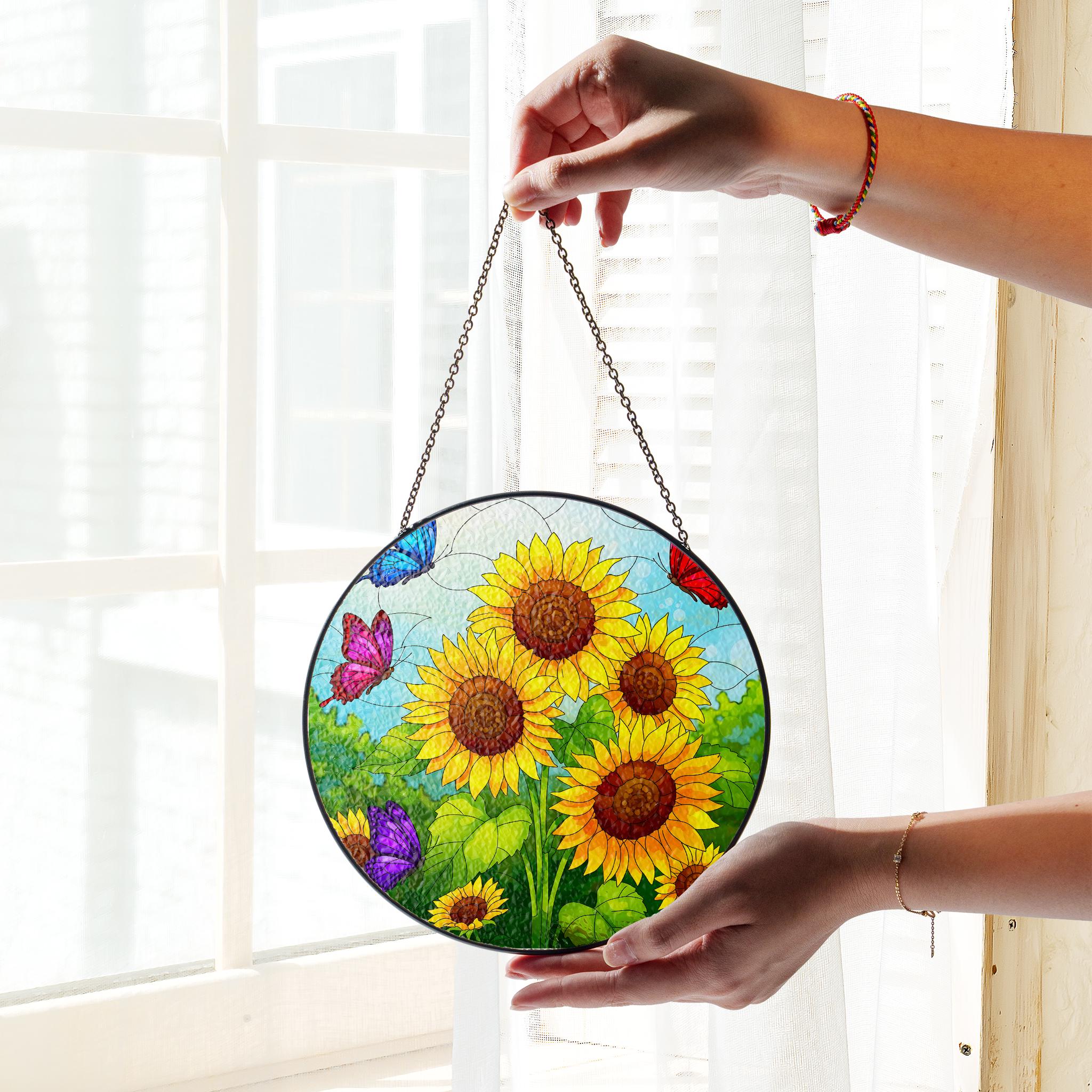 Vibrant Sunflower & Butterfly Glass Suncatcher, Handcrafted Nature Window Hanging Decor, Colorful Garden Art Gift for Home, Flower Lover